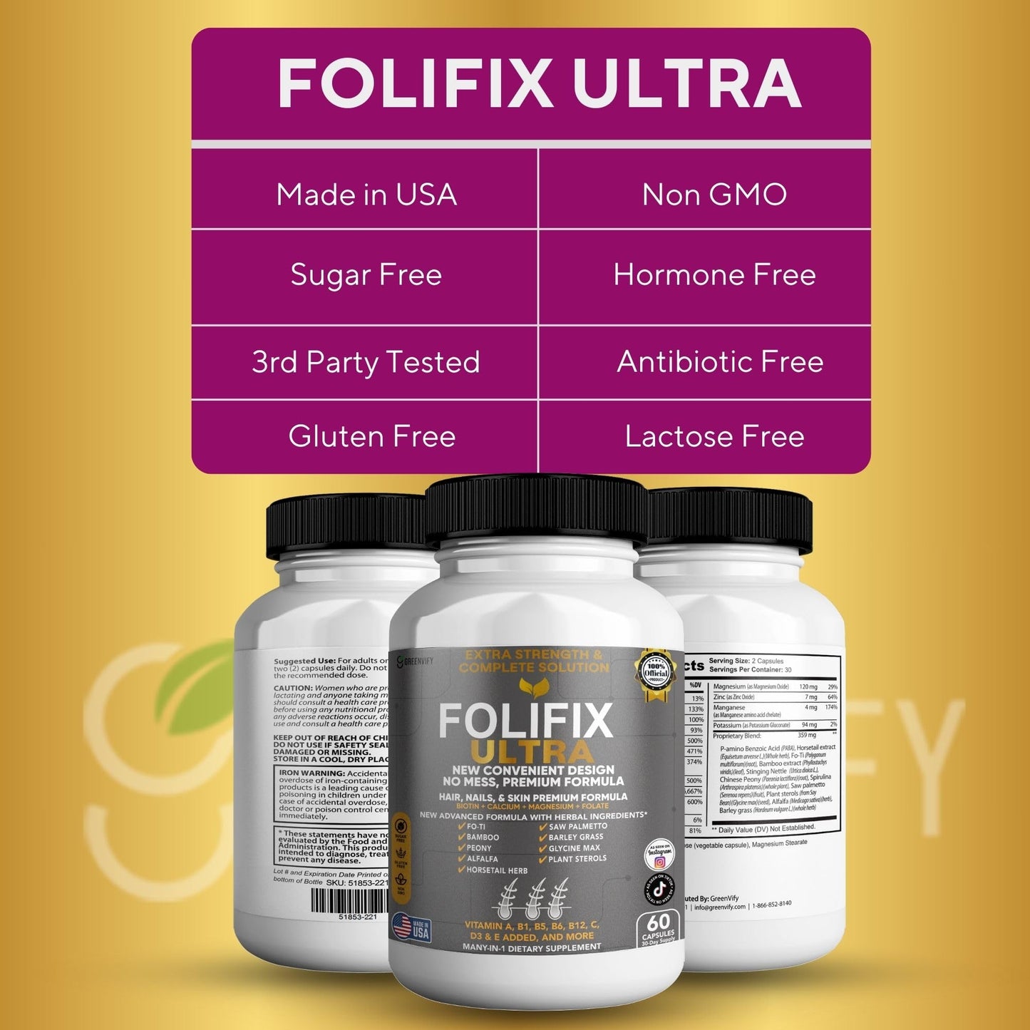 GREENVIFY FoliFix Ultra Hair, Nails & Skin Supplement Capsule, 60 Capsules