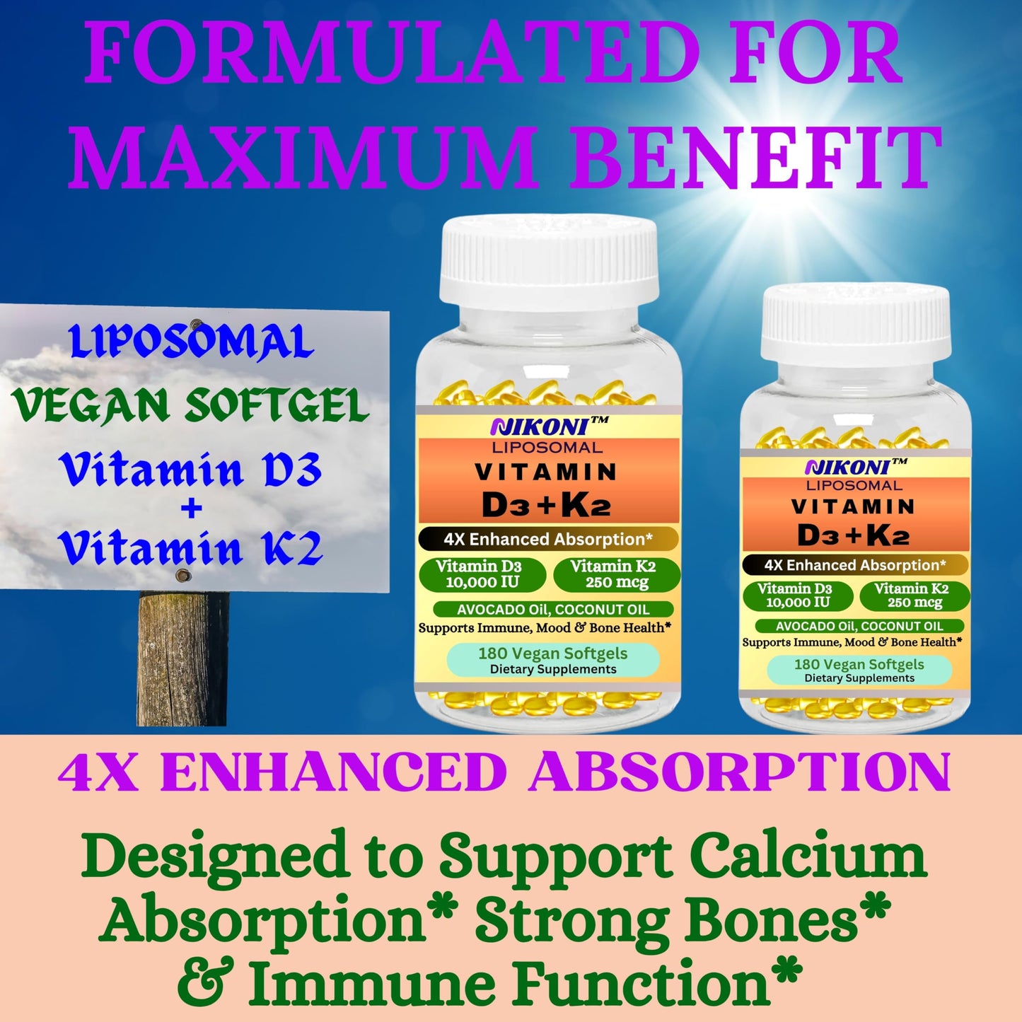 Nikoni Liposomal Vitamin D3 10000 IU & Vitamin K2 (MK-7) 250 mcg Softgels, 180 Count