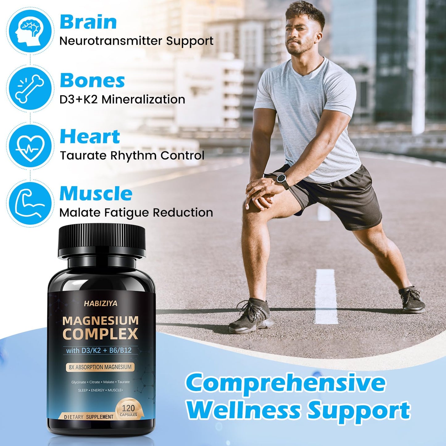 HABIZIYA Magnesium Complex 600mg with D3, K2 MK7 & B Vitamins High-Absorption Capsules, Vegan, 120 Capsules