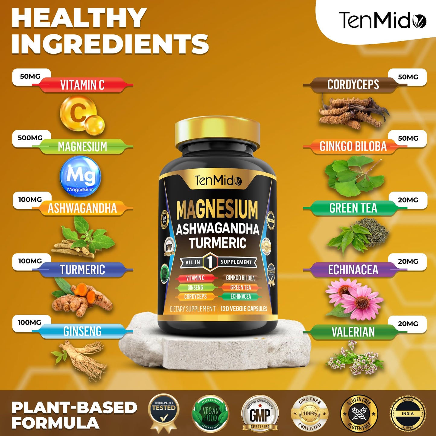 Tenmido Magnesium Supplement Capsules 120 Count