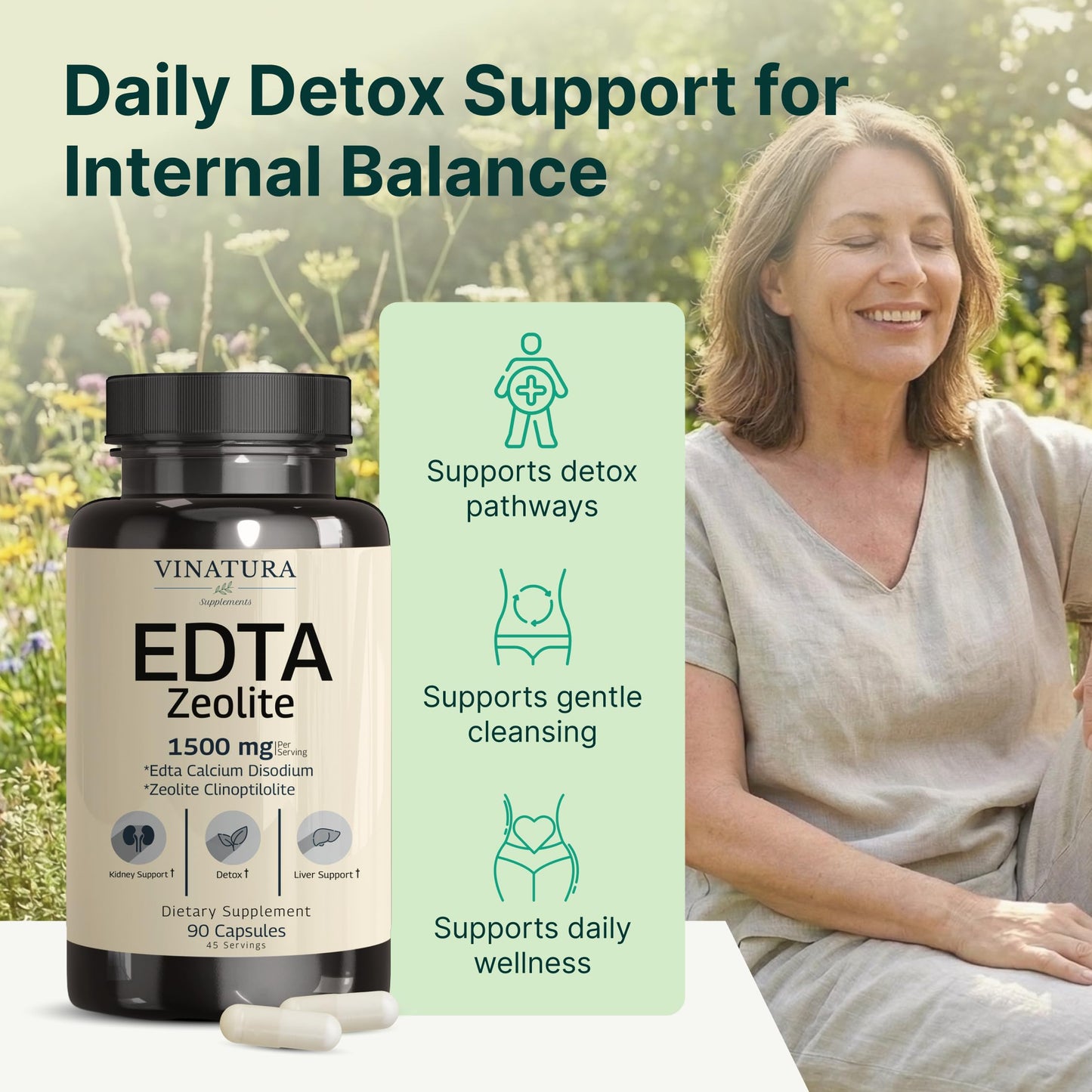 VINATURA EDTA Capsules 1500mg per Serving, Liver Support with Calcium Disodium EDTA & Kale Extract, 90 Capsules