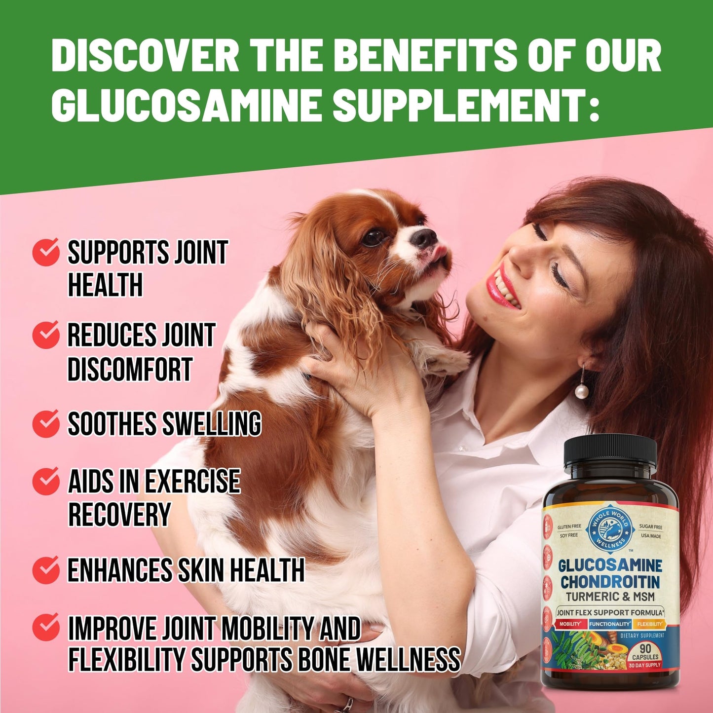 WHOLE WORLD WELLNESS Joint Support Supplement with Glucosamine Chondroitin MSM Turmeric Boswelia Capsules, 90 Count