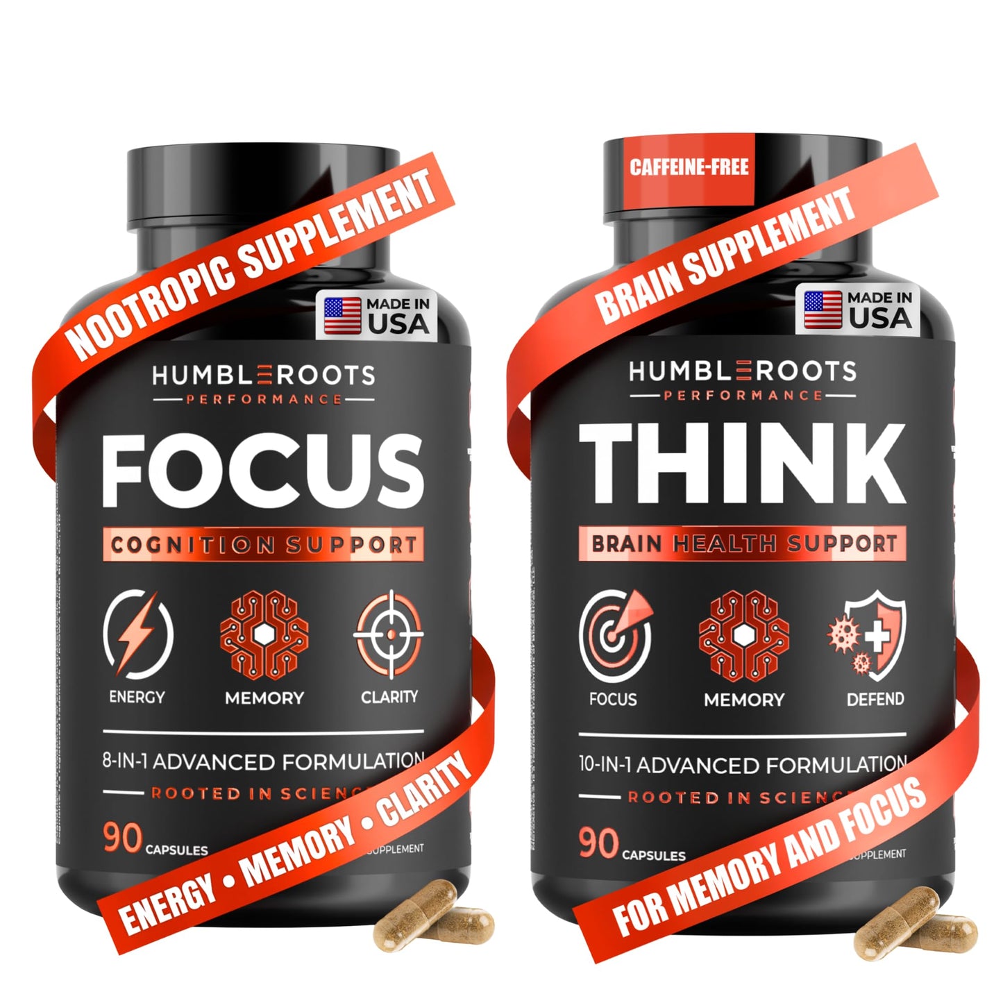 HUMBLEROOTS PERFORMANCE FOCUS + THINK Nootropic Brain Supplement Bundle Capsule 180