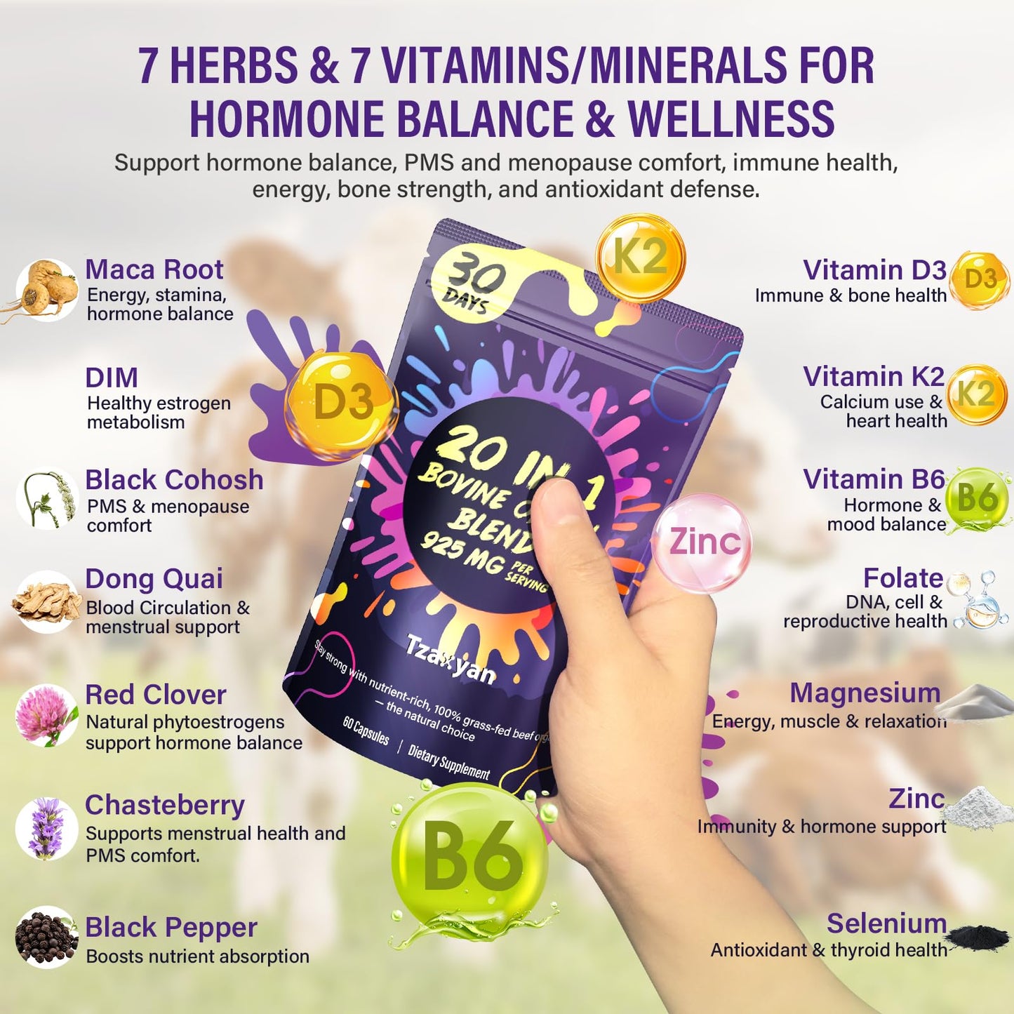 tzaxyan 20-In-1 Beef Organ Supplement for Women Capsule, 60 Count