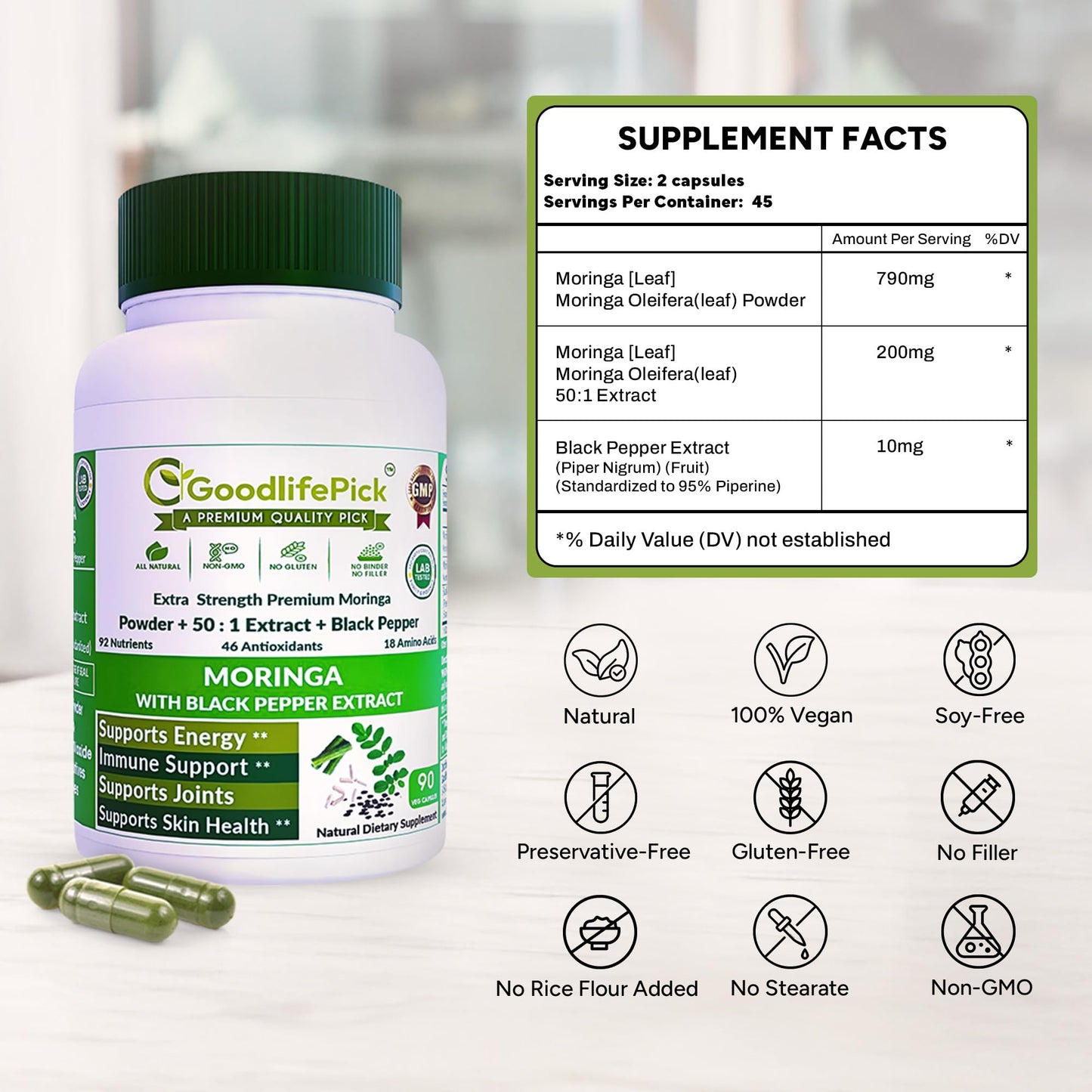 GoodlifePick Premium Moringa Capsules with Black Pepper, 90 Capsules
