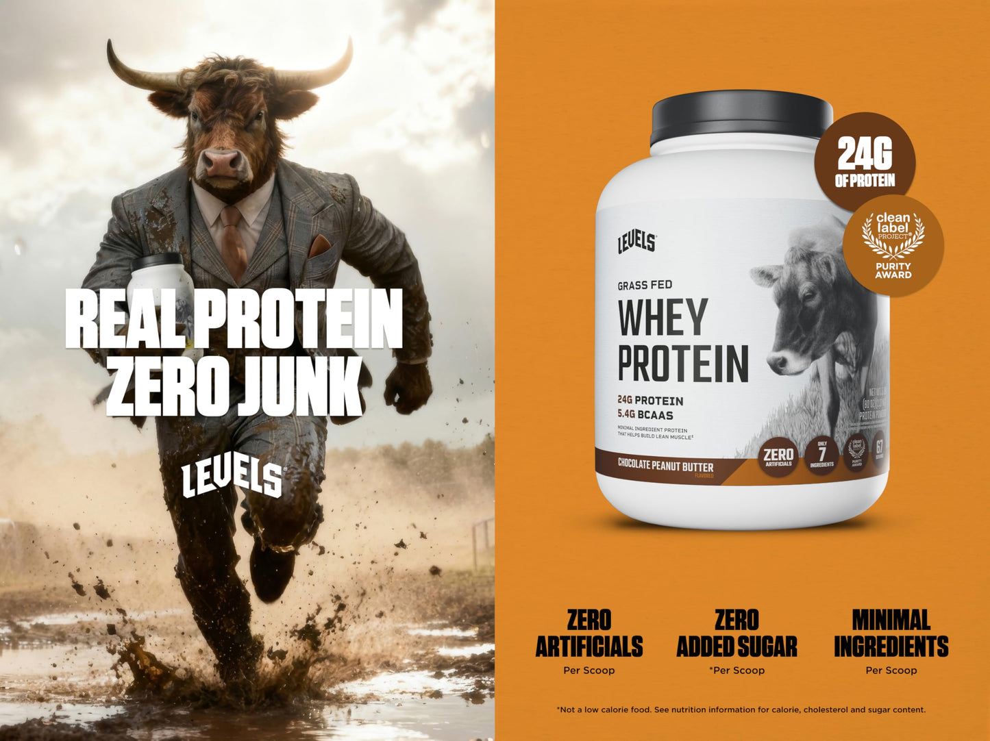 Levels Nutrition Grass Fed Whey Protein Powder, No Artificials, Chocolate Peanut Butter, 80 Servings
