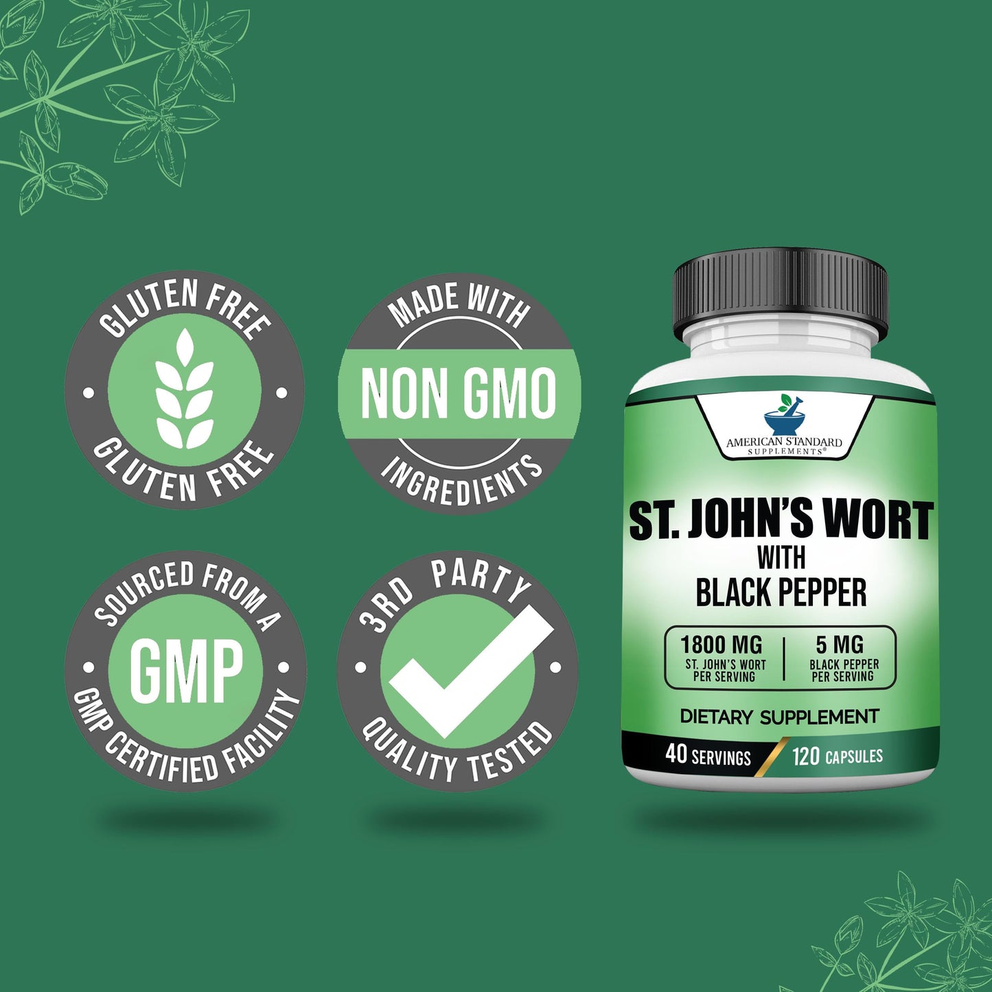 American Standard Supplements St. John’s Wort 1800mg Per Serving with Black Pepper Fruit Extract Capsules, 120 Count
