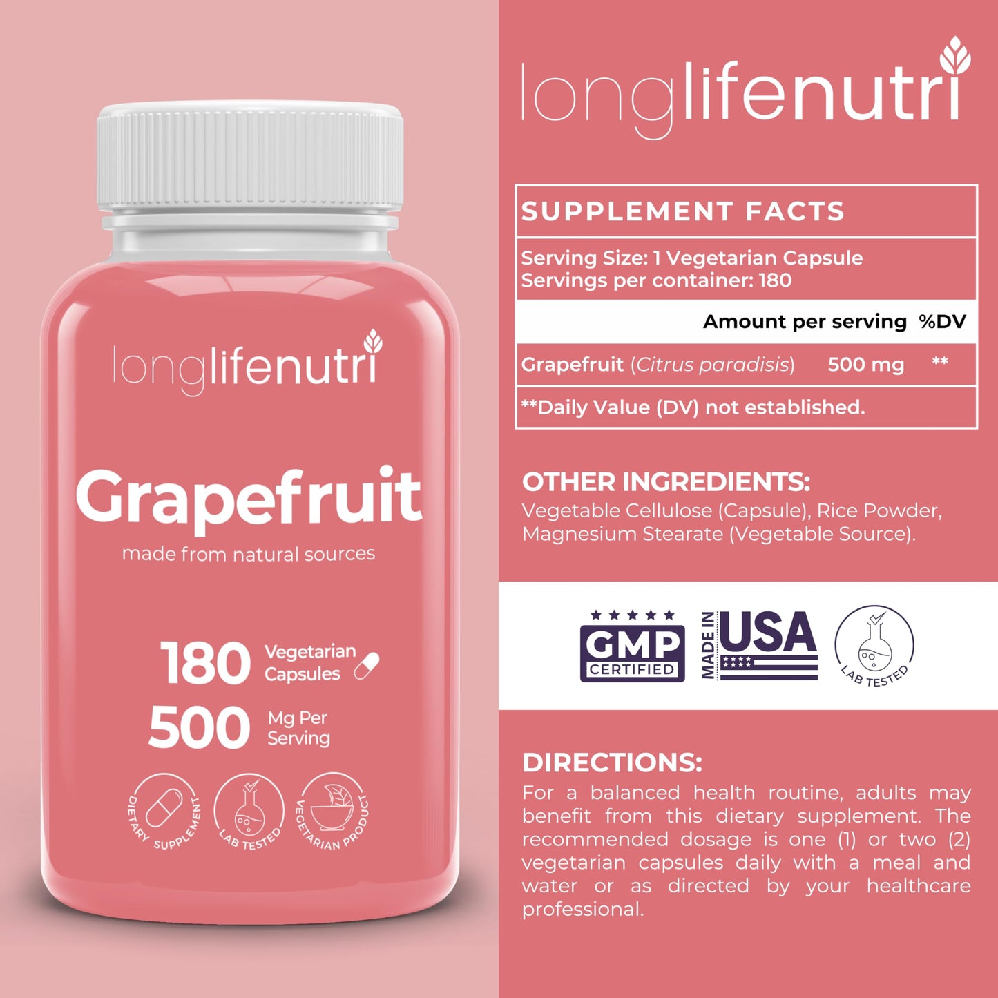 LongLifeNutri Grapefruit Seed Extract 500mg Capsule, 180 Count
