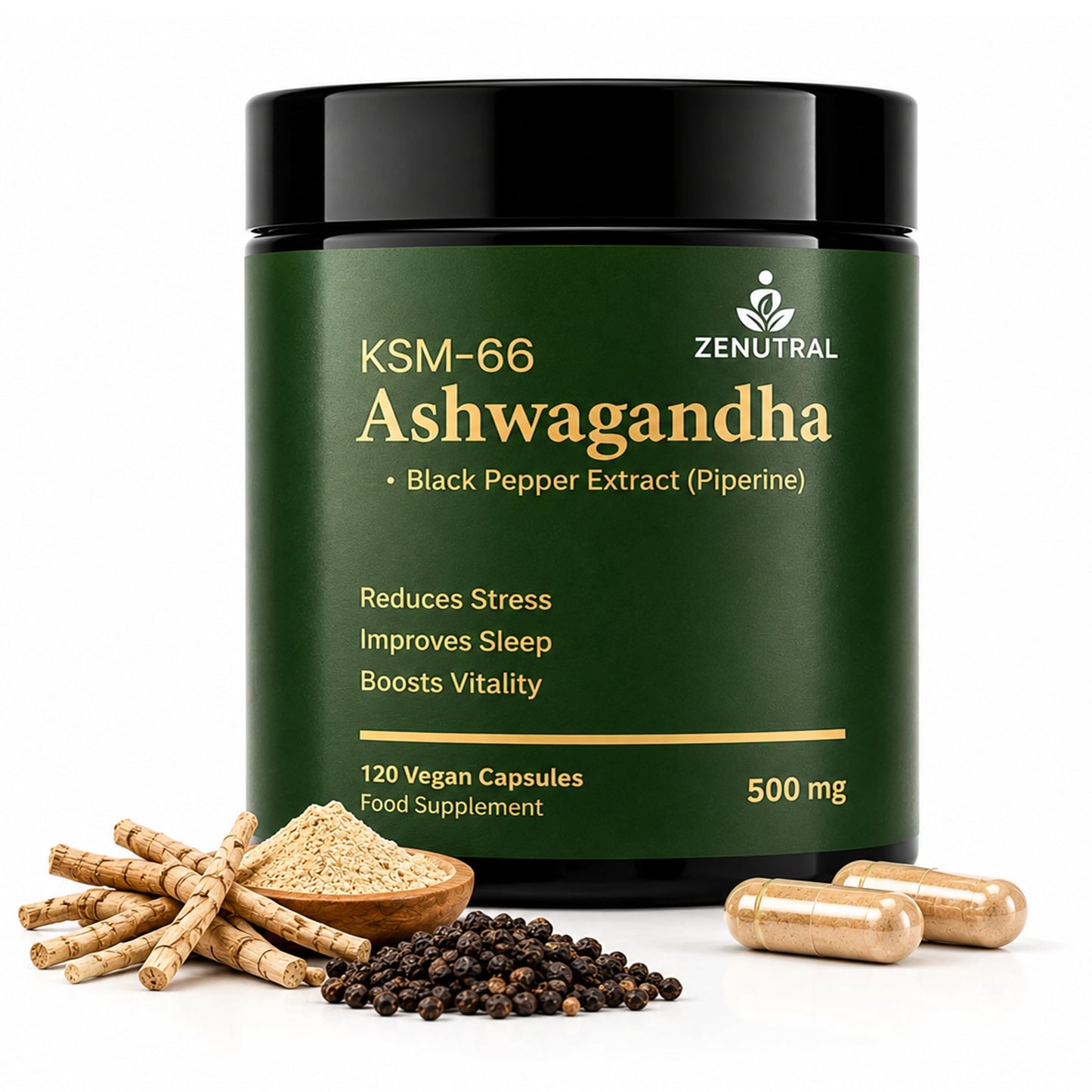 Zenutral KSM-66 Ashwagandha 500mg with Black Pepper (Piperine) – Stress, Sleep & Cortisol Support – Calm Energy, Focus & Mood – Non-GMO Vegan, 120 Capsules