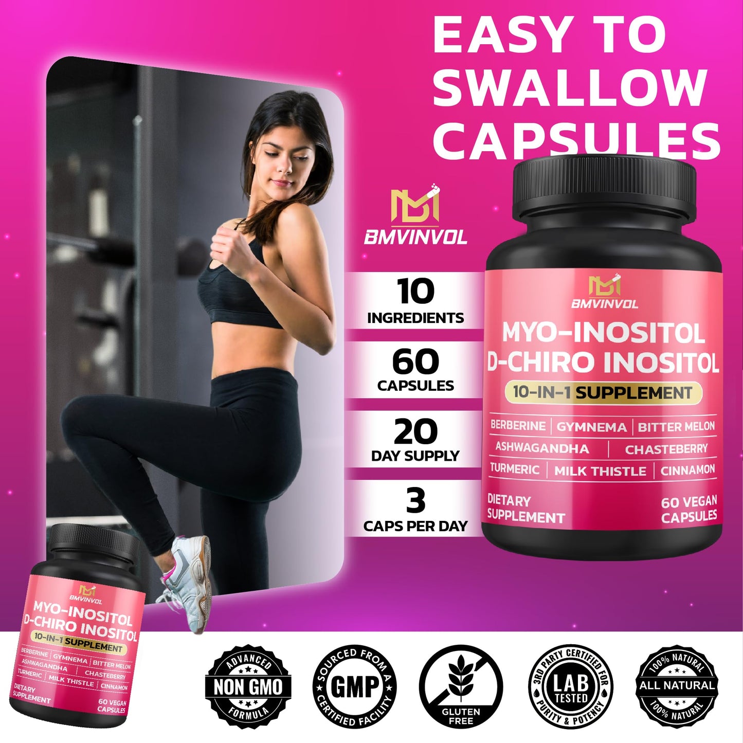 BMVINVOL Inositol Supplement Myo-Inositol and D-Chiro Inositol 40:1 Ratio Capsule 60 Count