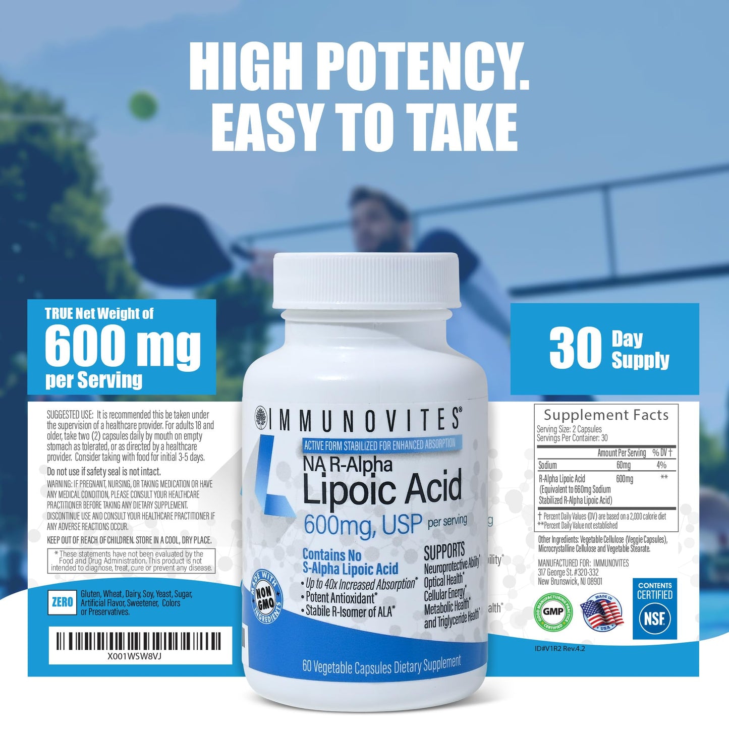 IMMUNOVITES Stabilized R-Alpha Lipoic Acid 600mg per Serving Capsules, 60 Count