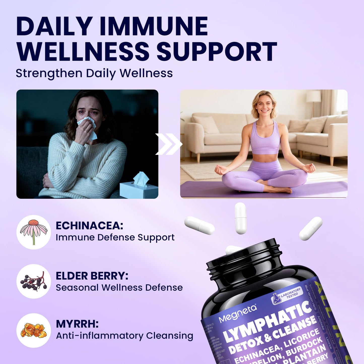 MEGNETA Lymphatic Drainage Supplements Herbal Complex with Echinacea, Dandelion 60 Capsules