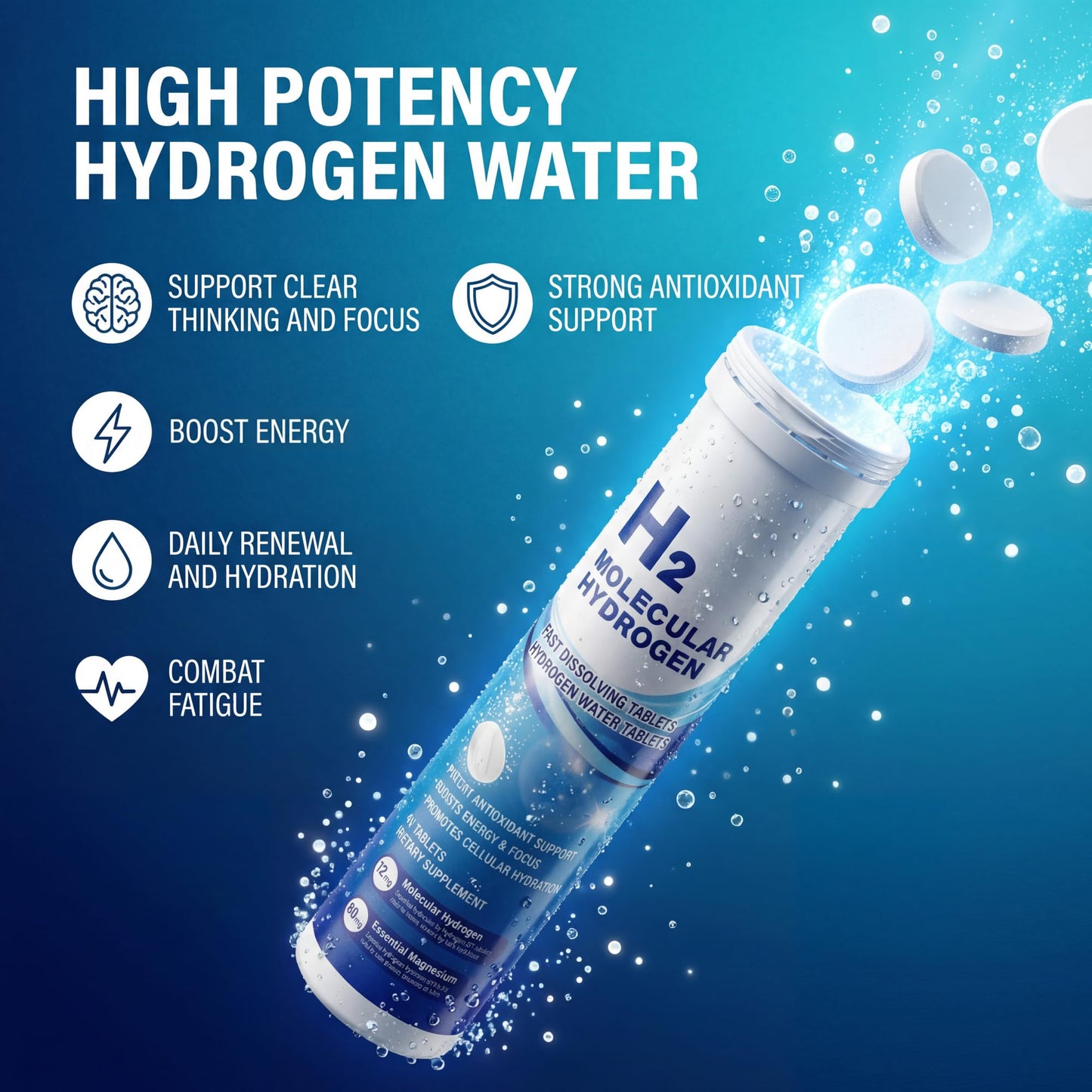 Hekeauo Hydrogen Water Tablets with Magnesium 12PPM H2 Molecular Hydrogen Tablets for Drinking Water, 60 Tablets