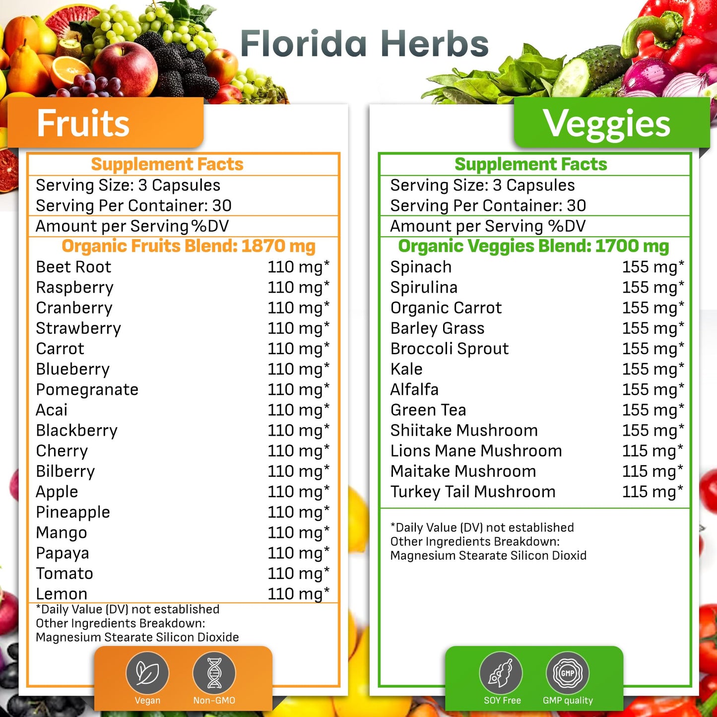 FLORIDA HERBS Fruits and Vegetables Supplement Capsules 90 Count