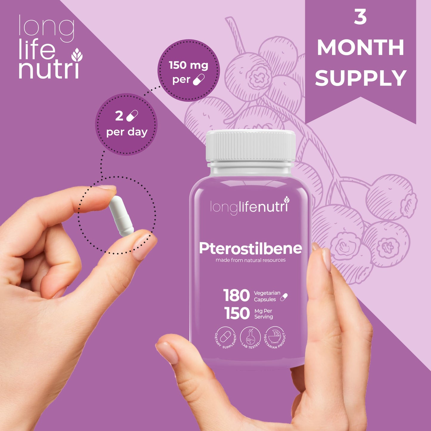 LongLifeNutri Pterostilbene Supplement 150mg Capsules, 180 Count