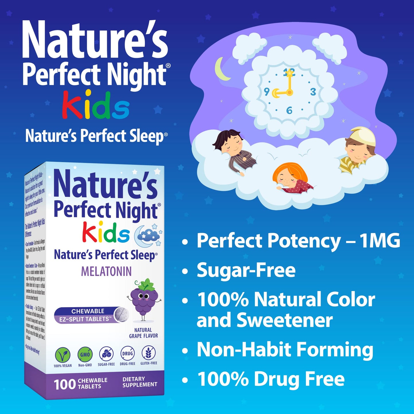 Nature's Perfect Night Kids Melatonin 1mg Chewable Tablets, 100 Count