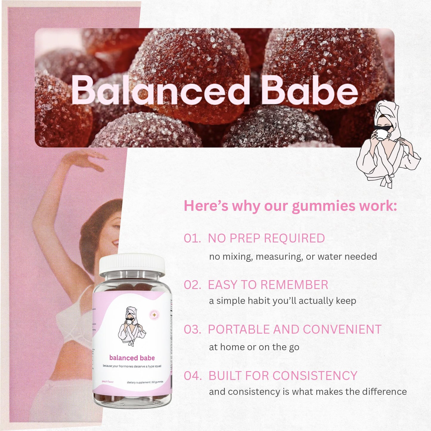Balancing Act Balanced Babe Women’s Probiotic Gummies with Prebiotic, Apple Cider Vinegar, LactoSpore®, DE111®, Vitamin B6 and Vitamin E, 60 Gummies