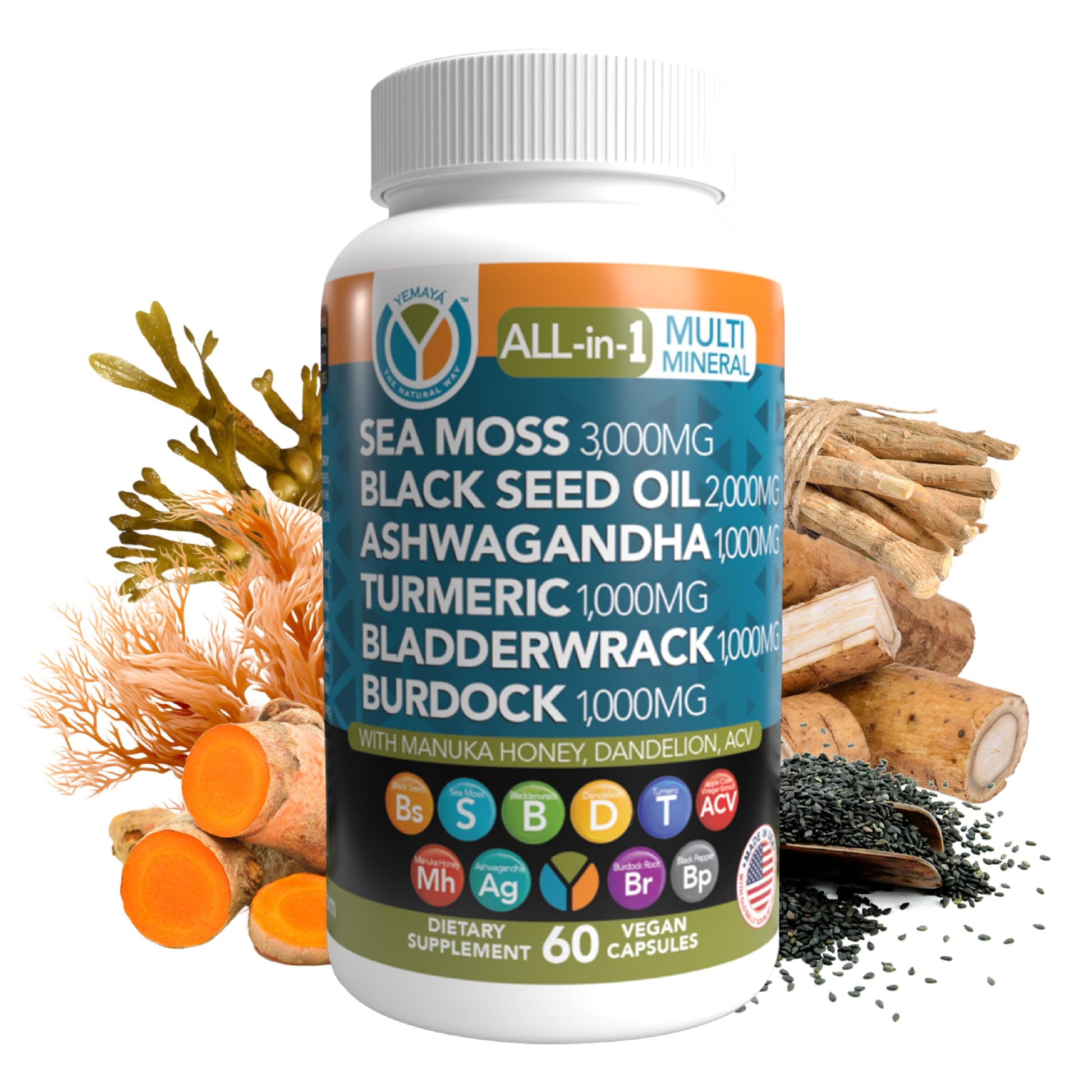 Yemaya The Natural Way All-in-1 Multi Mineral Sea Moss Raw Organic Supplement, 60 Capsules