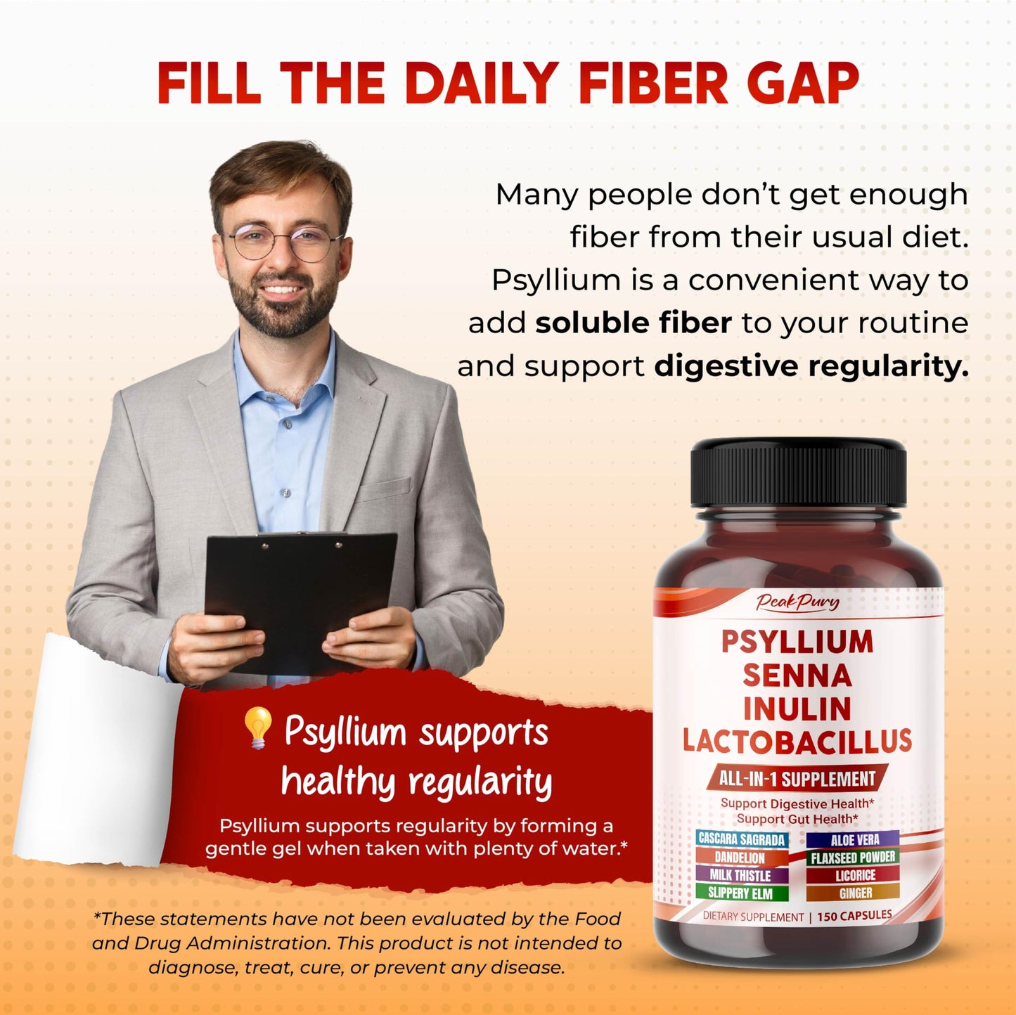PEAKPURY All-in-1 Psyllium, Senna, Inulin & Probiotic Supplement Capsule 150 Count