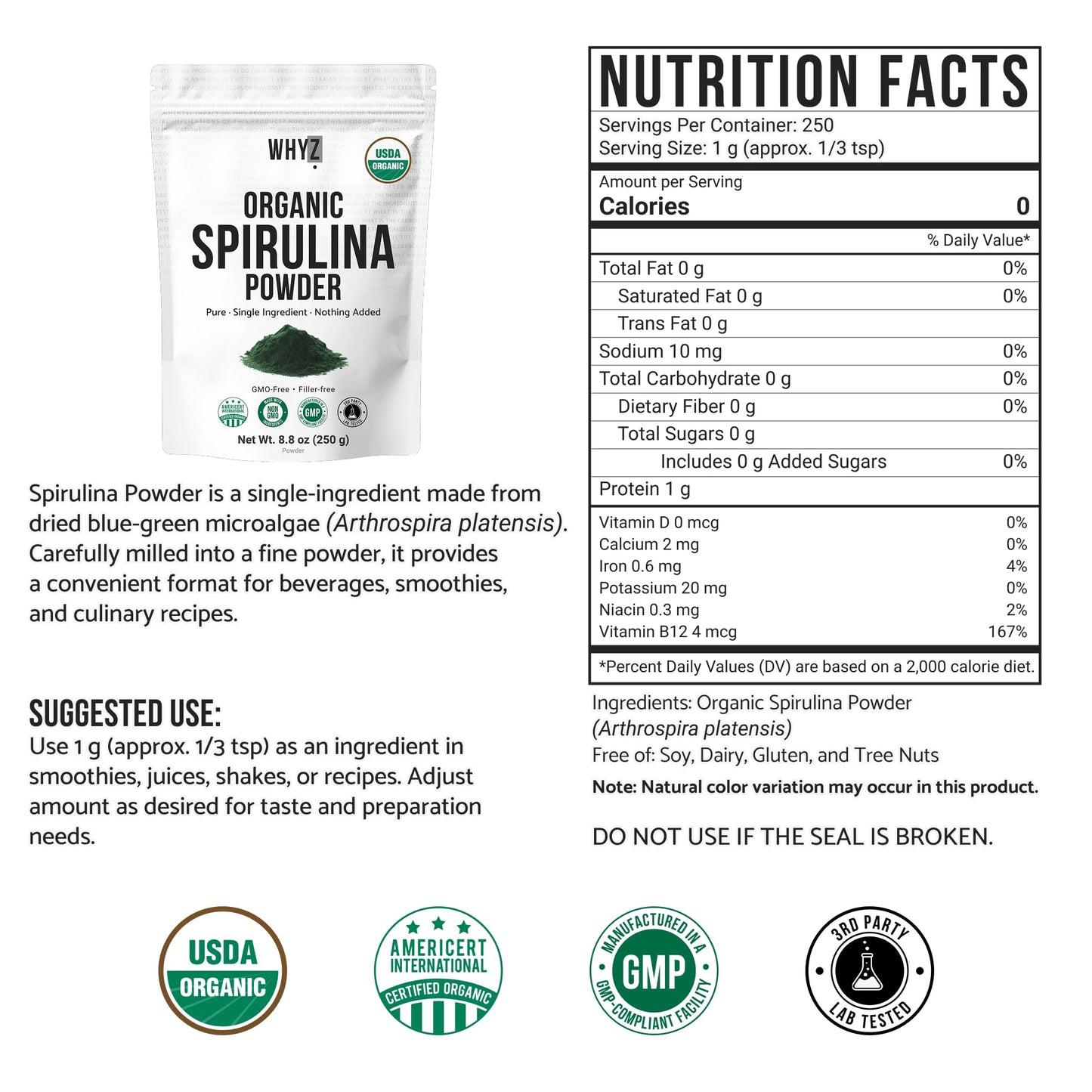 WHYZ Organic Spirulina Powder 8.8 oz
