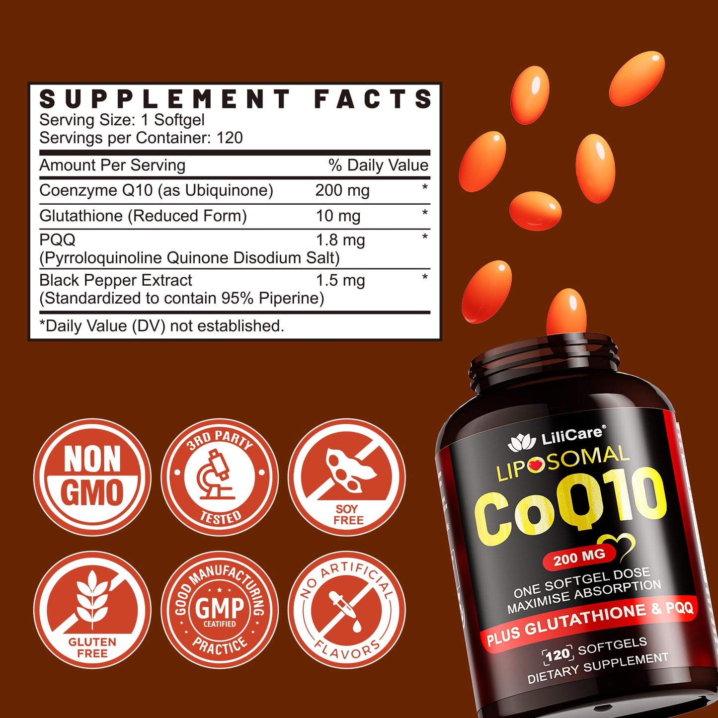 LILICARE CoQ10 200mg Softgels with PQQ & Black Pepper Extract, 120 Softgels