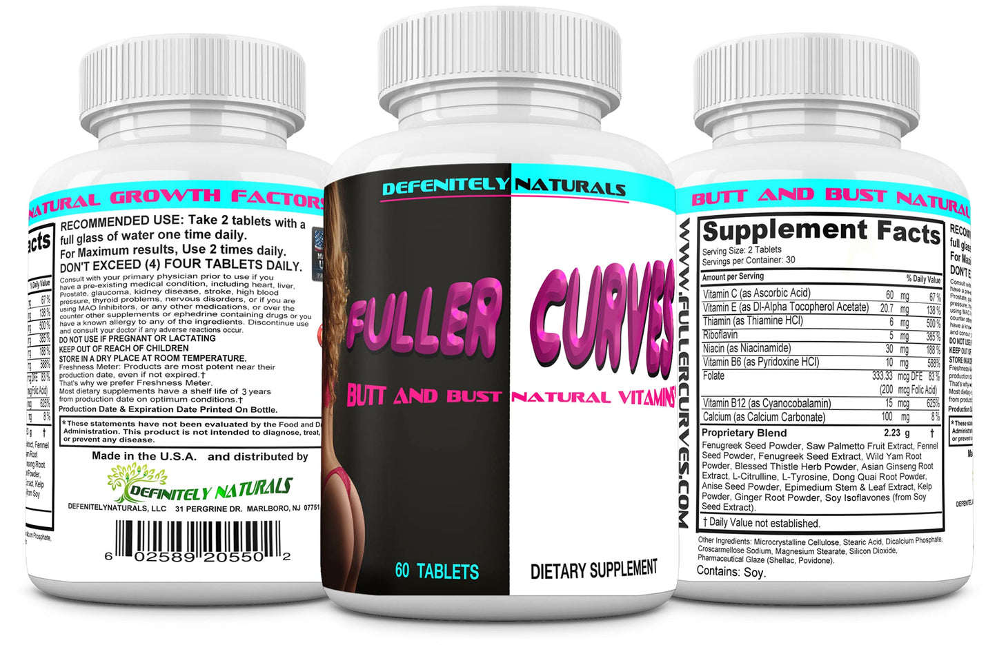 DEFENITELYNATURALS Fuller Curves Butt and Bust Enlargement Pills Tablets, 60 Count