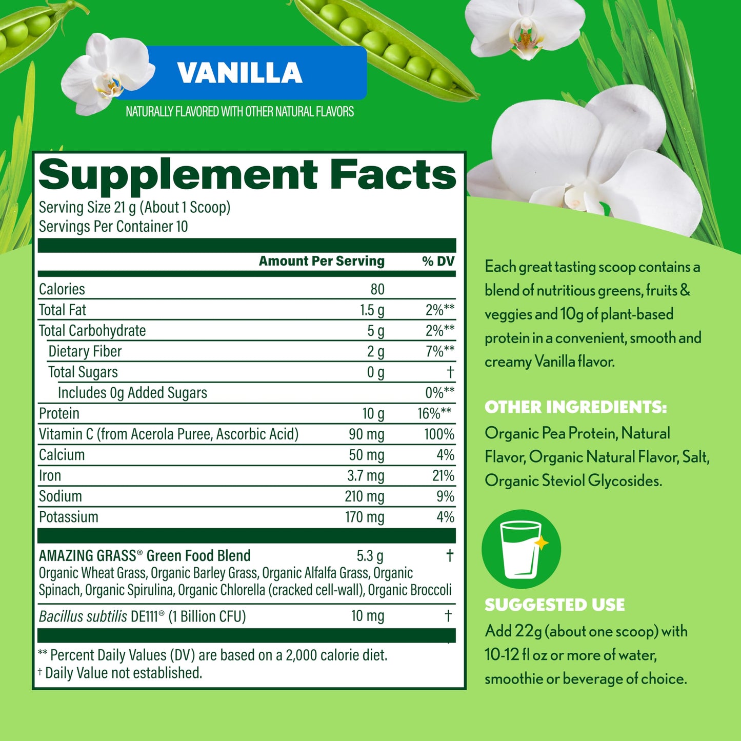 Amazing Grass Super Greens+ Protein Powder Vanilla 7.4 Ounce, 10 Servings