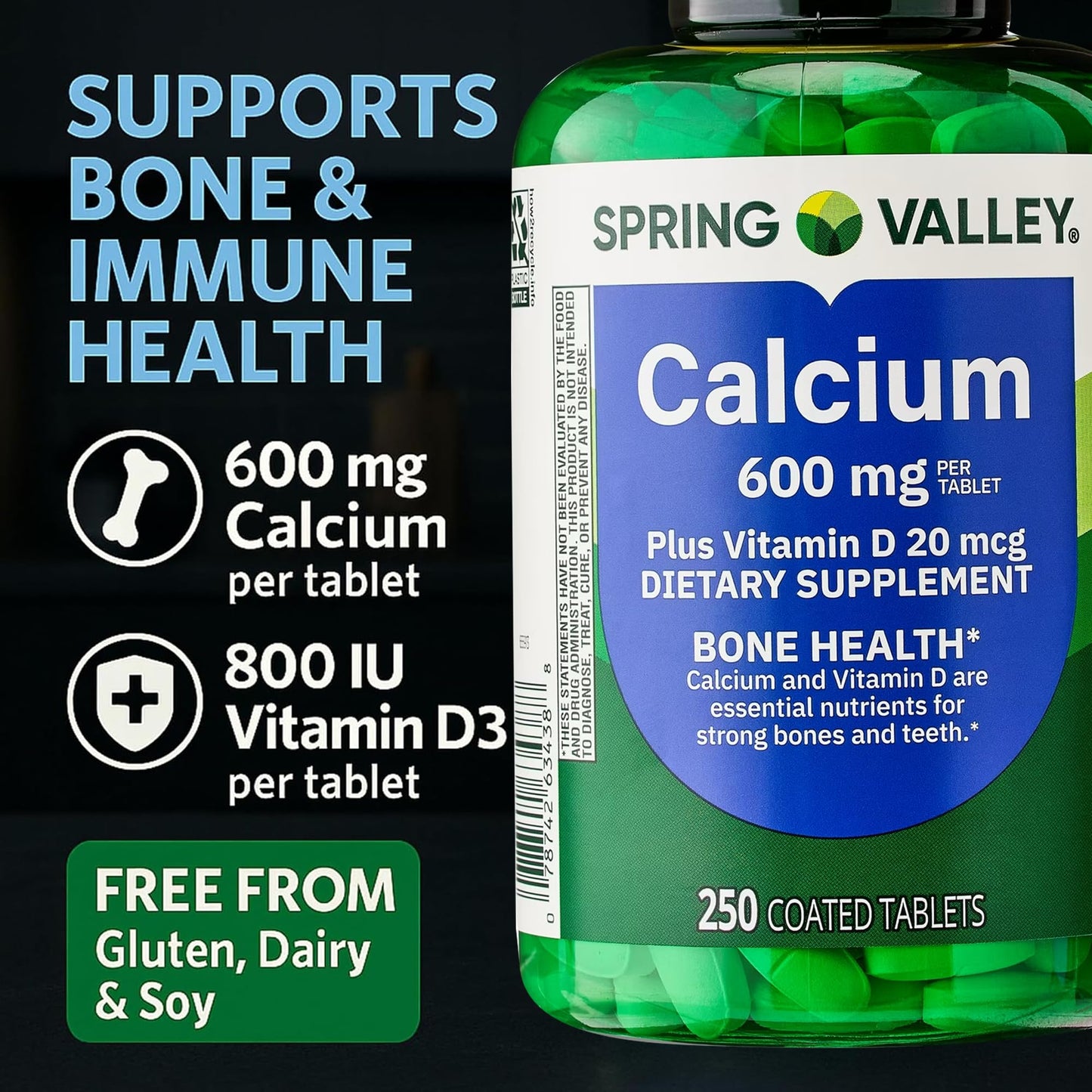 LUAL Calcium 600 mg Plus Vitamin D3, 800 IU Vitamin D per Tablet, 250 Tablets