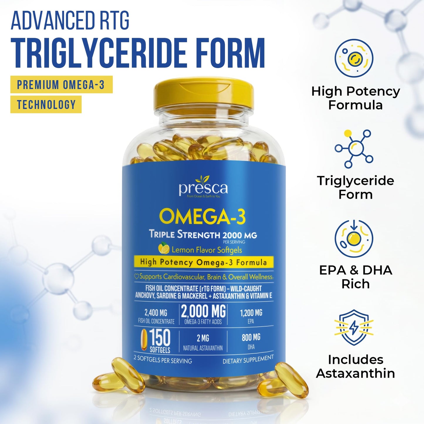 Presca Triple Strength Omega-3 Fish Oil Softgels, 150 Count