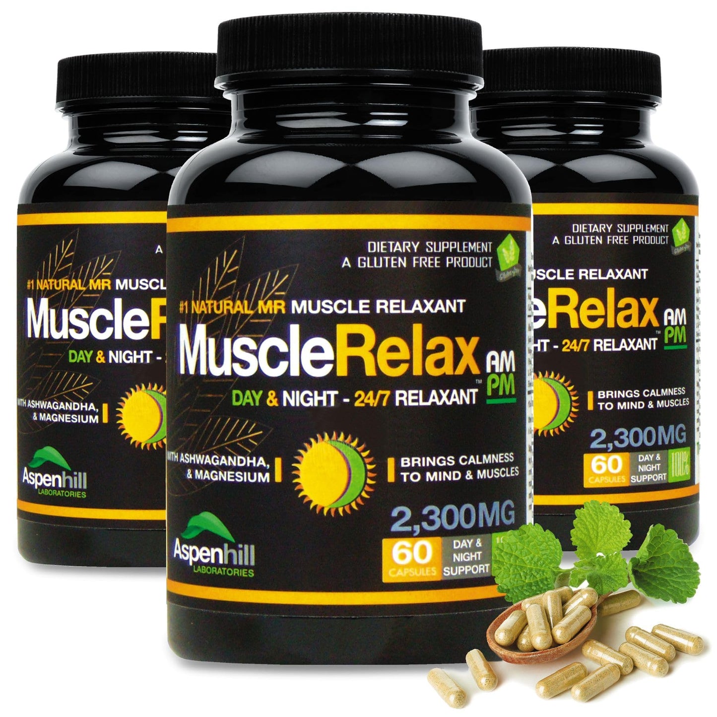 Aspenhill Laboratories The Original Muscle Relax AM-PM 24/7 Day or Night with Magnesium and Calcium - Calmness - Relaxation Capsule, 60 Count