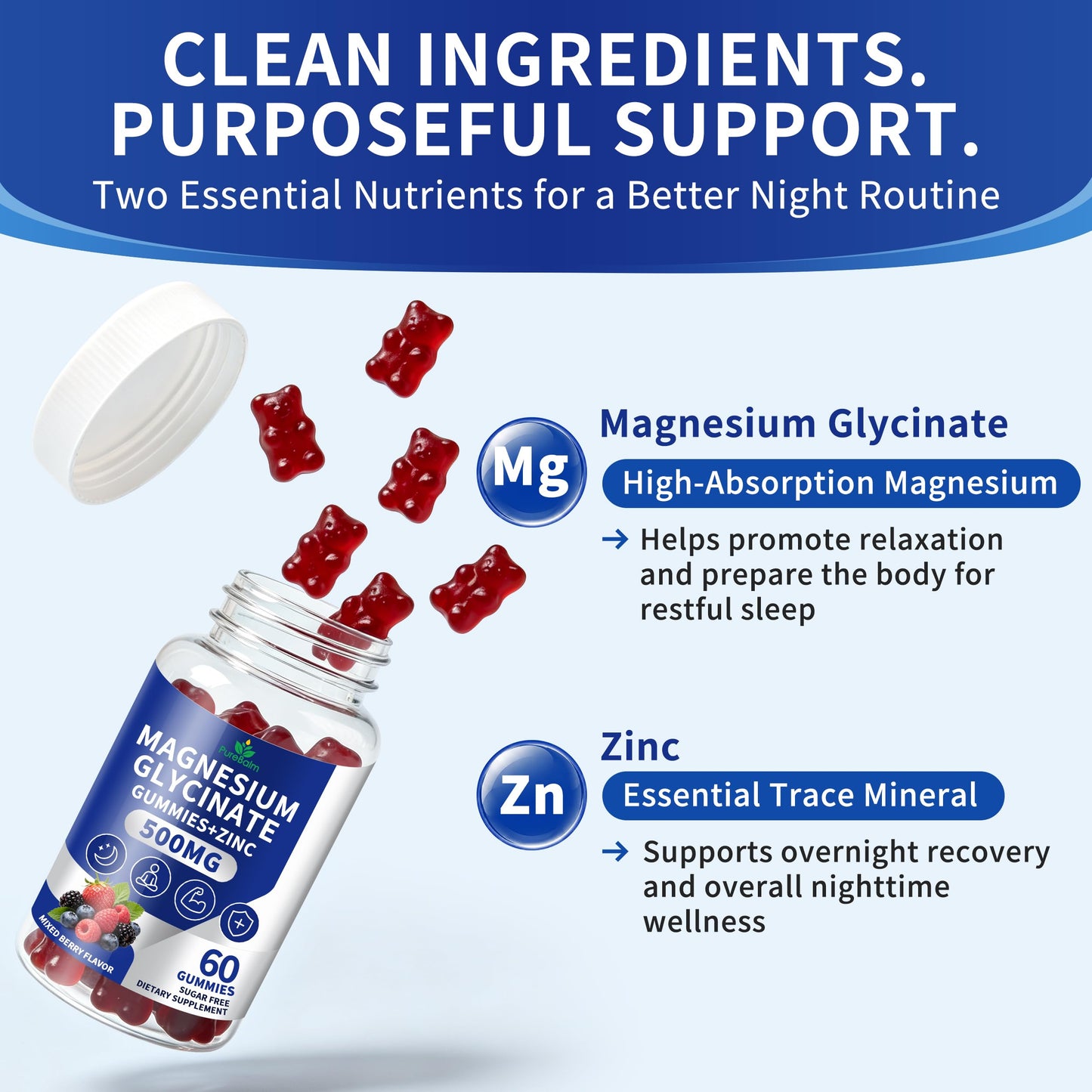 PureBalm Magnesium Glycinate Gummies 500mg with Zinc, 120 Gummies