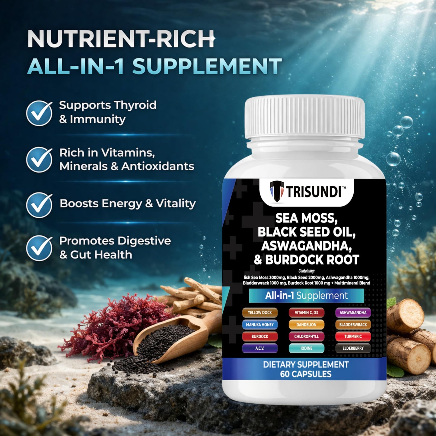 Trisundi Sea Moss Complex with Black Seed Oil, Ashwagandha & Burdock Root – All-in-One Herbal Supplement with Vitamins & Minerals – 60 Capsules