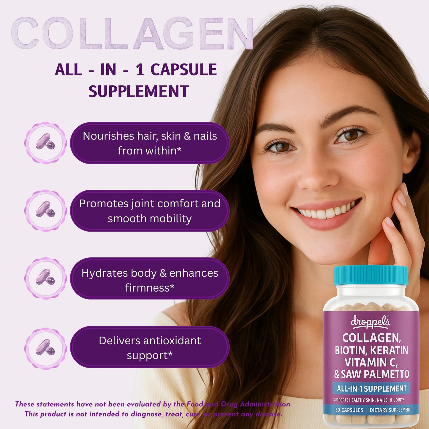 Droppels Collagen Capsules – Advanced Collagen + Biotin + Keratin + Vitamin C – Hair, Skin, Nails & Joints Support, 60 Count