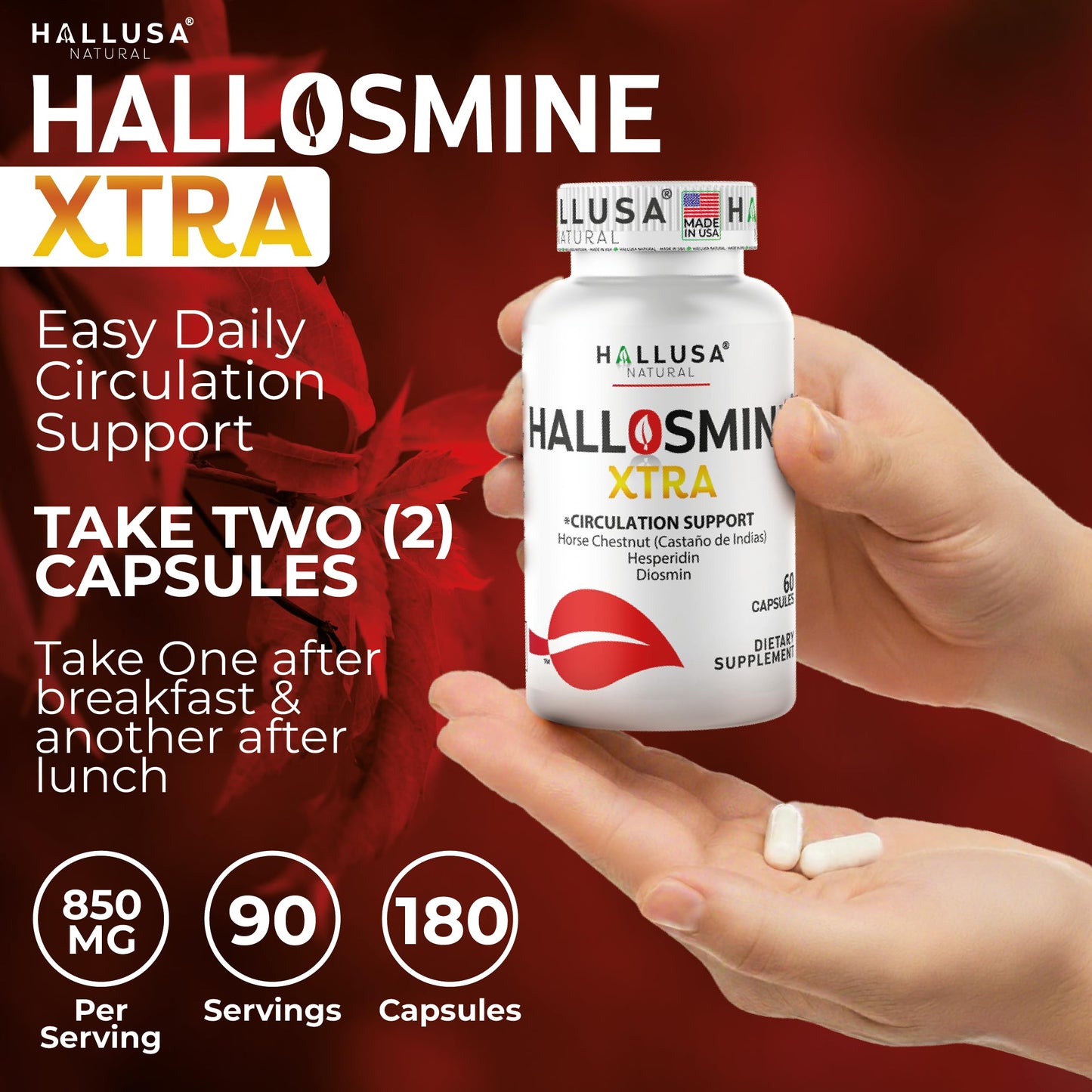 Hallusa Natural Hallosmine Xtra 850mg Diosmin, Hesperidin, Horse Chesnut + Bonus Leg Cream, Extra Strength Circulation & Vein Support Supplement, Varicose Veins, Spider Veins, Hemorrhoids, 180 Capsules