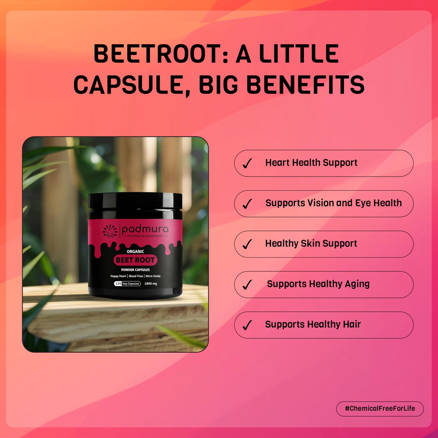 PADMURA Organic Beet Root Powder Capsules 1800mg, 120 Veg Capsules
