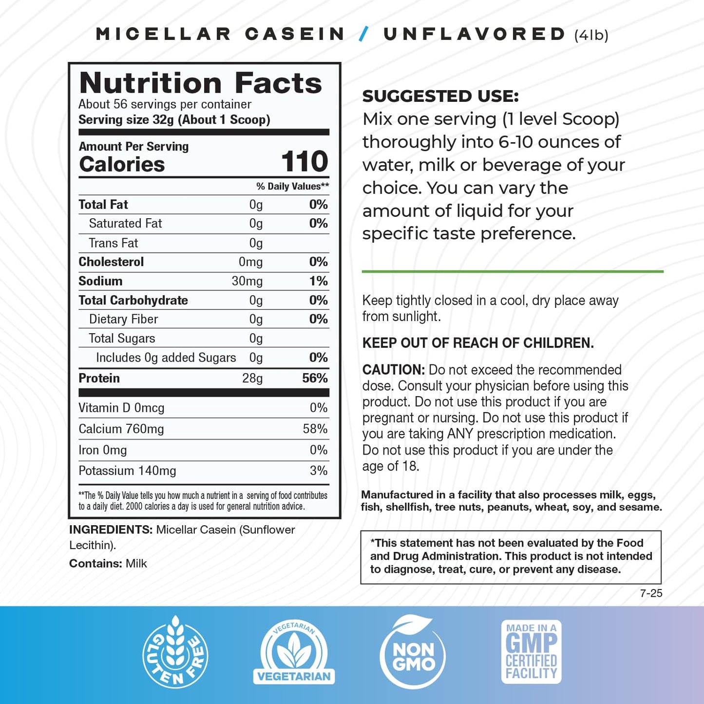 Muscle Feast Grass Fed Micellar Casein Protein Powder, Unflavored (4lb), 64 Servings