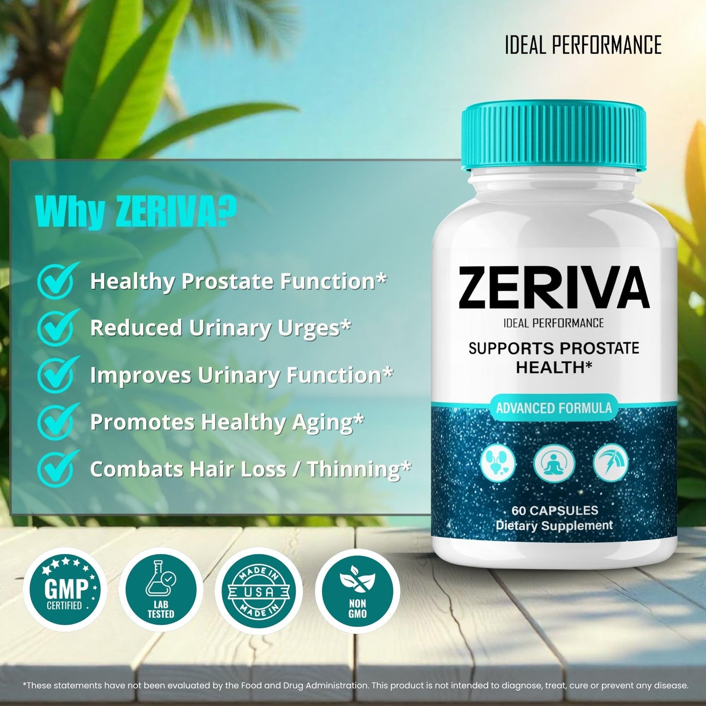 IDEAL PERFORMANCE Zeriva Prostate Health Supplement Capsules, 180 Capsules