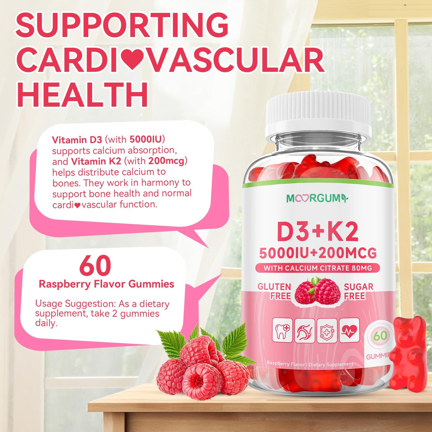 MOORGUMY Vitamin D3 K2 Gummies, 60 Count