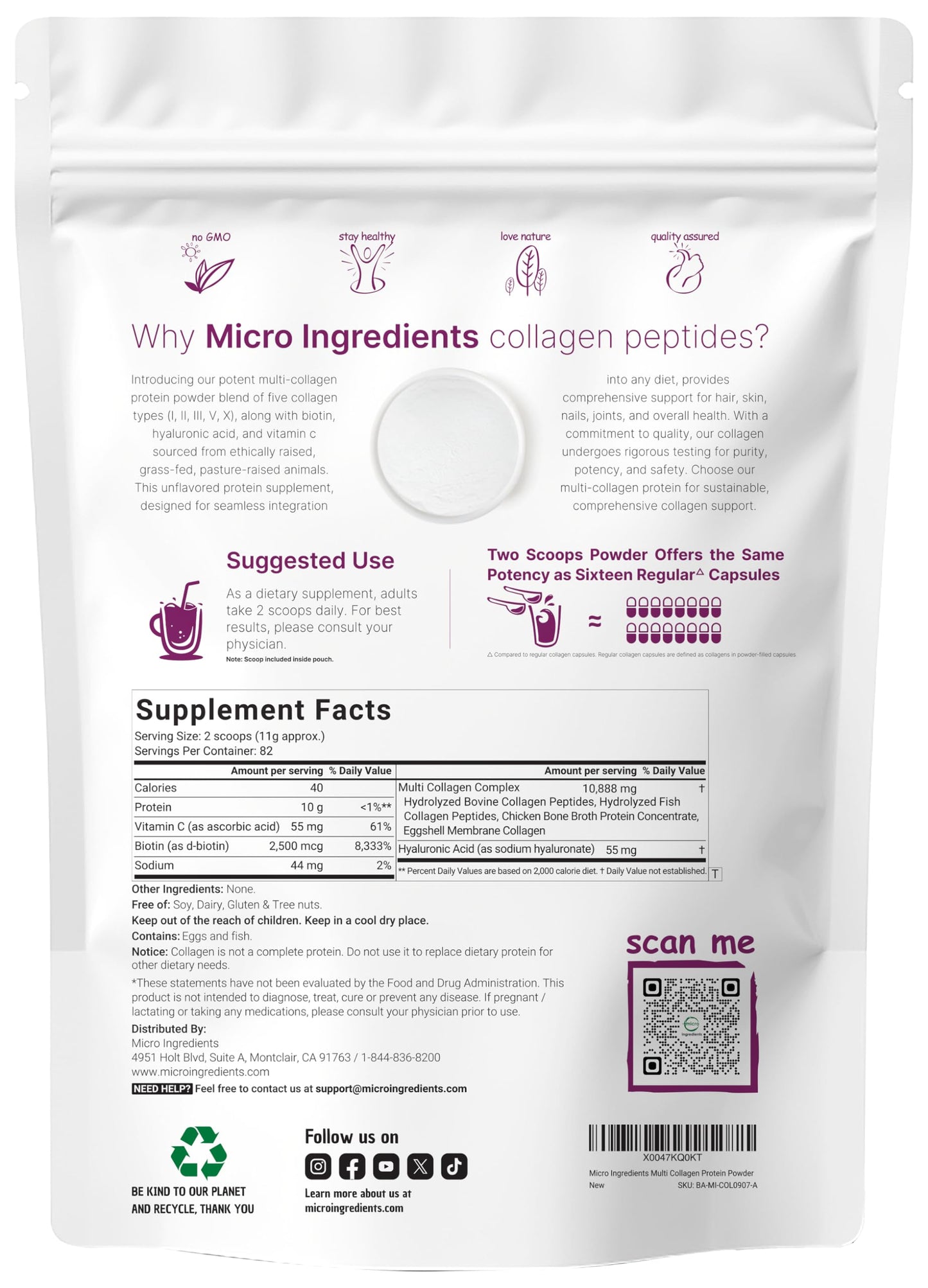 Micro Ingredients Multi Collagen Peptides Powder, 32 Count