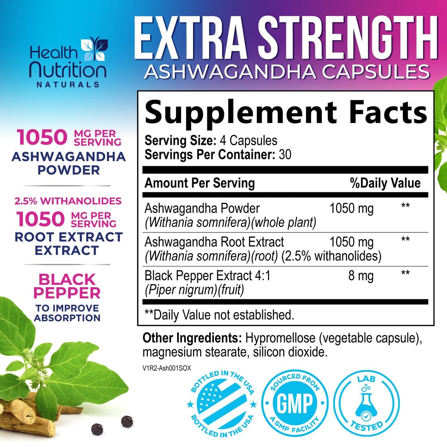 Health Nutrition Naturals Ashwagandha Supplements 120 Capsules