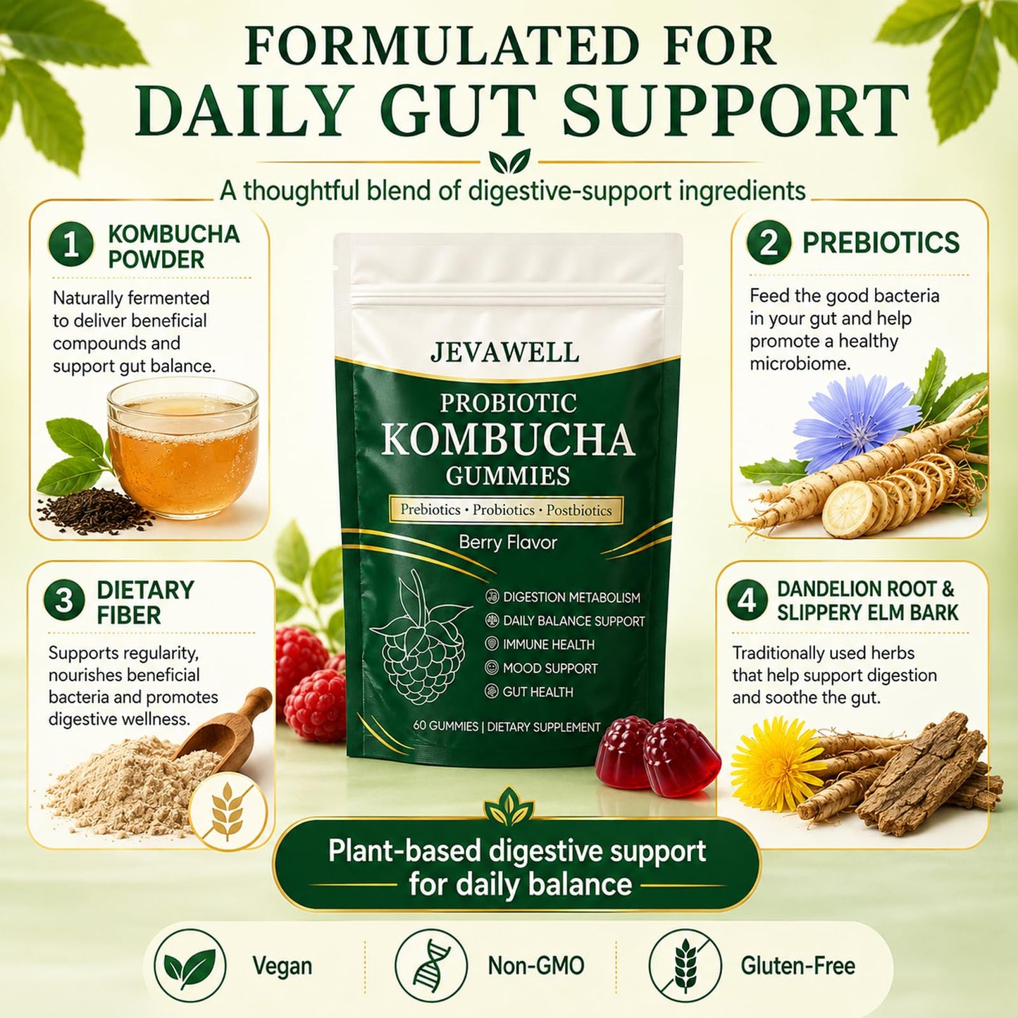 VivaMelhor Jevawell Kombucha Gummies Probiotic Digestive Health Supplement with Organic Prebiotics for Gut Health, Immune Boost, and Natural Energy – Vegan, Non-GMO, Gluten-Free, 120 Gummies (Pack of 2)