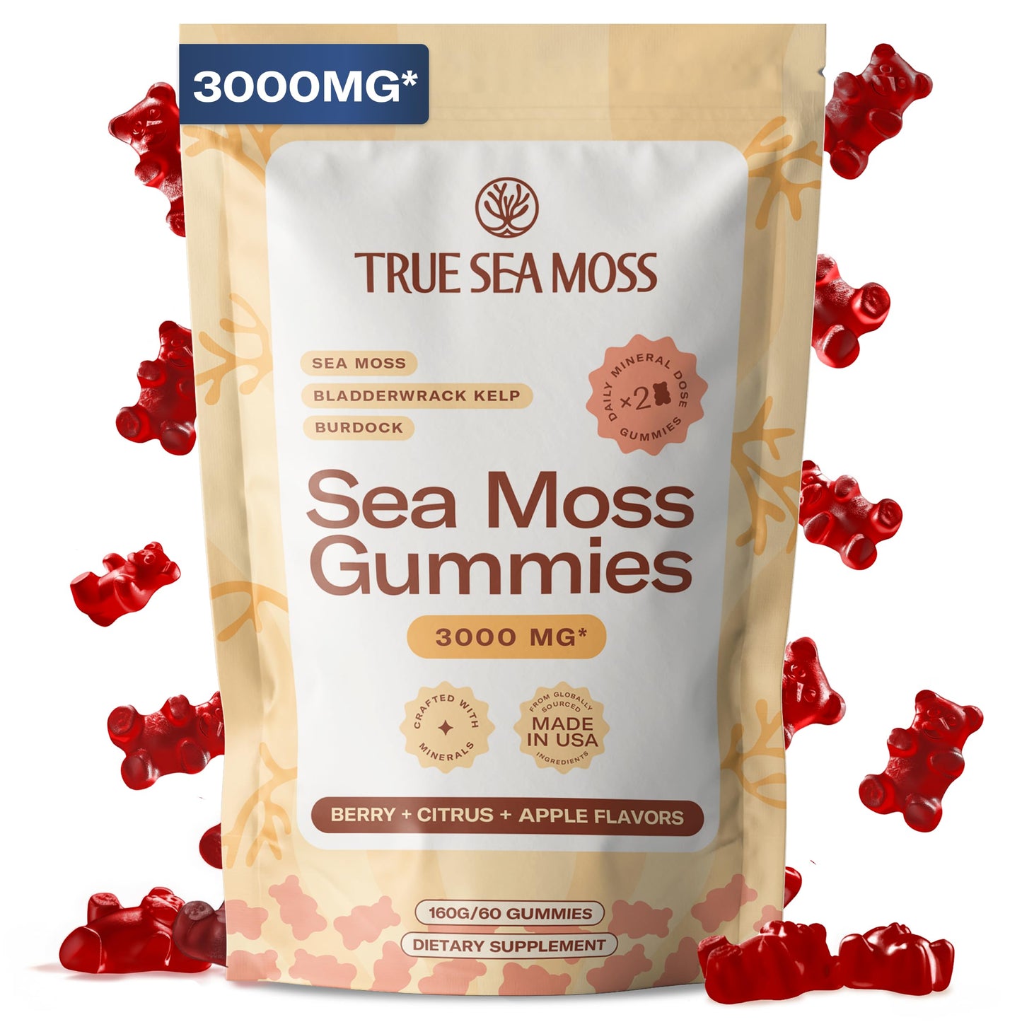 TrueSeaMoss Gummies – 3-in-1 Formula – Irish Sea Moss with Bladderwrack & Burdock Root – Fruity Flavor Gummy 60 Count