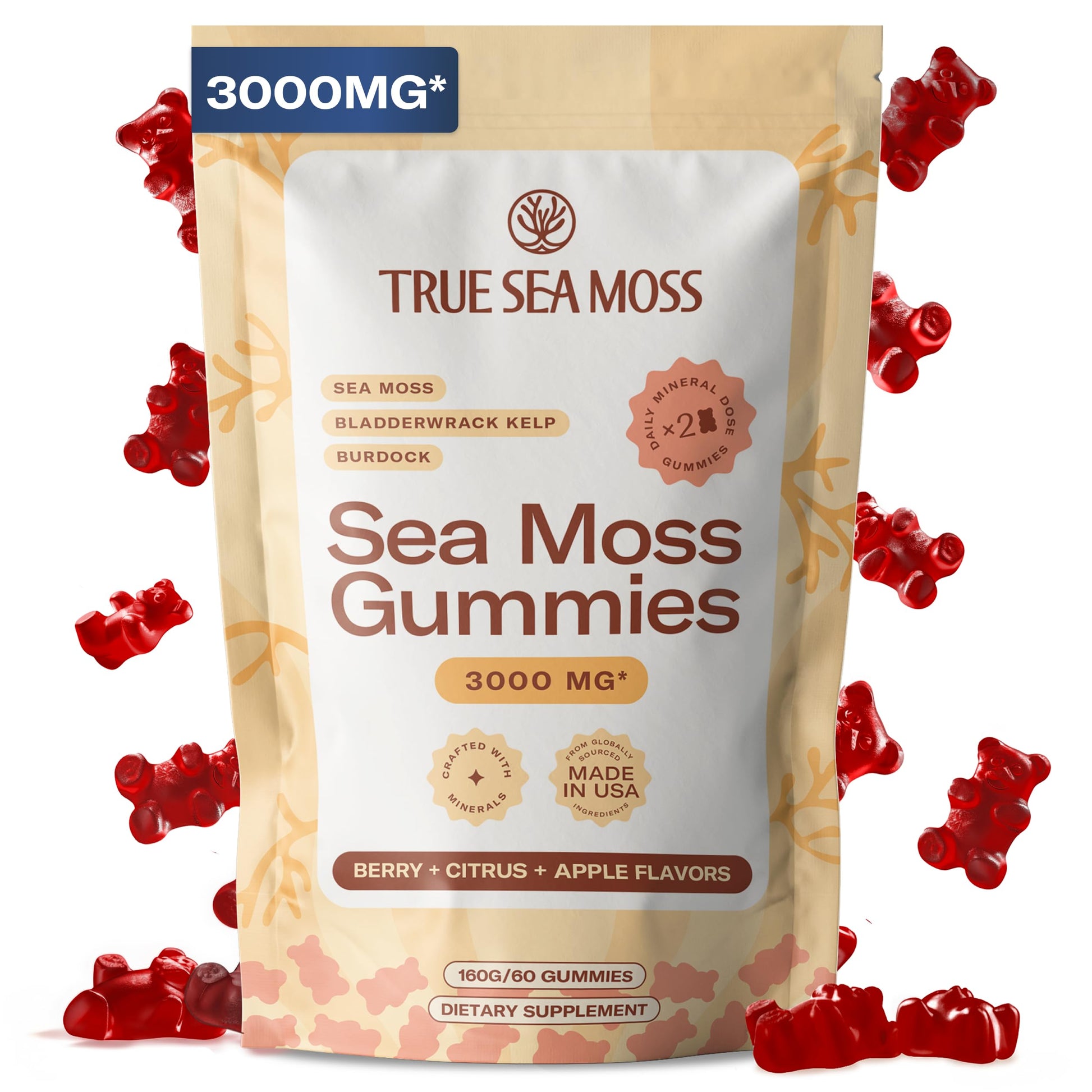 TrueSeaMoss Gummies – 3-in-1 Formula – Irish Sea Moss with Bladderwrack & Burdock Root – Fruity Flavor Gummy 60 Count