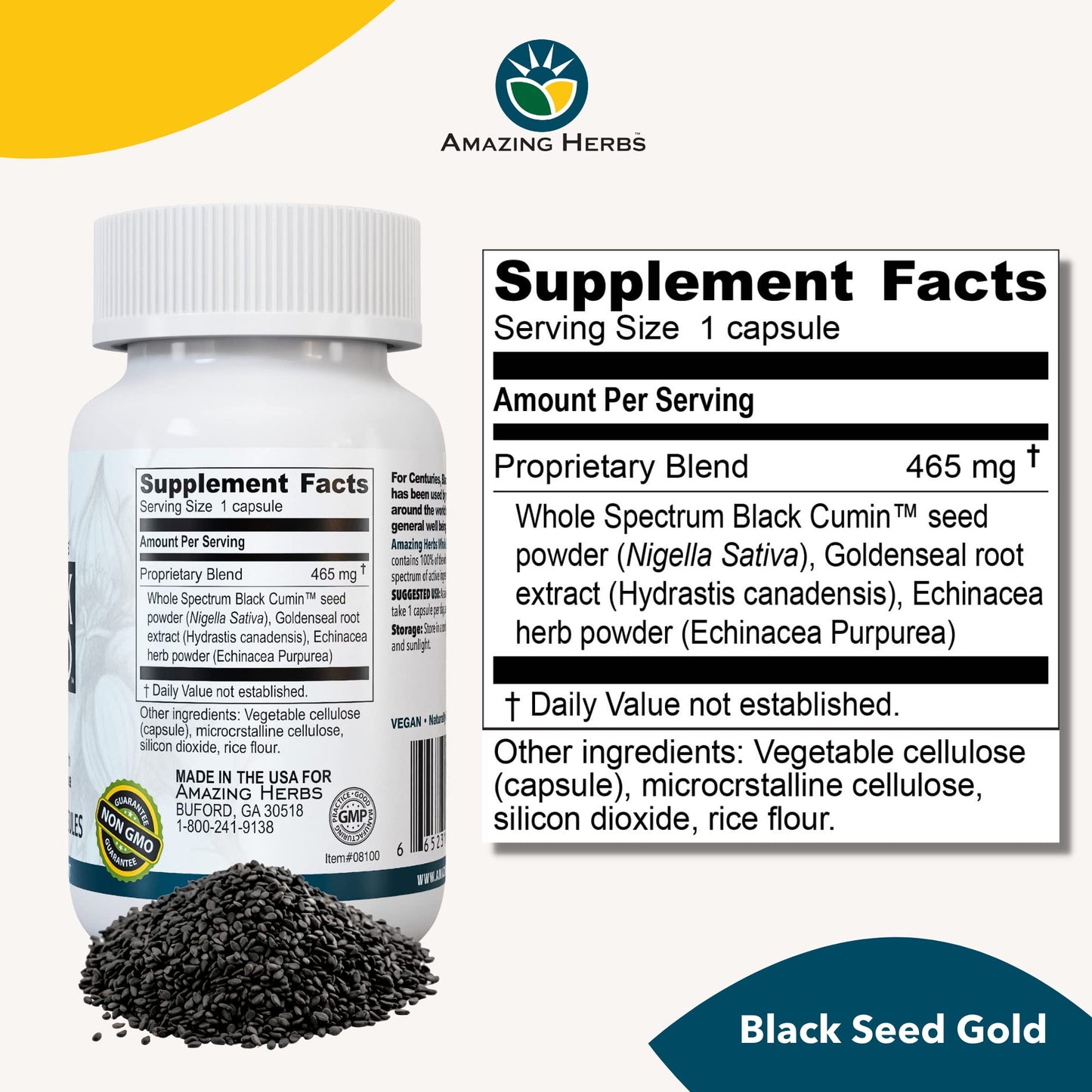 Amazing Herbs Whole Spectrum Black Seed Gold Black Cumin Seed Capsule, 60 Count