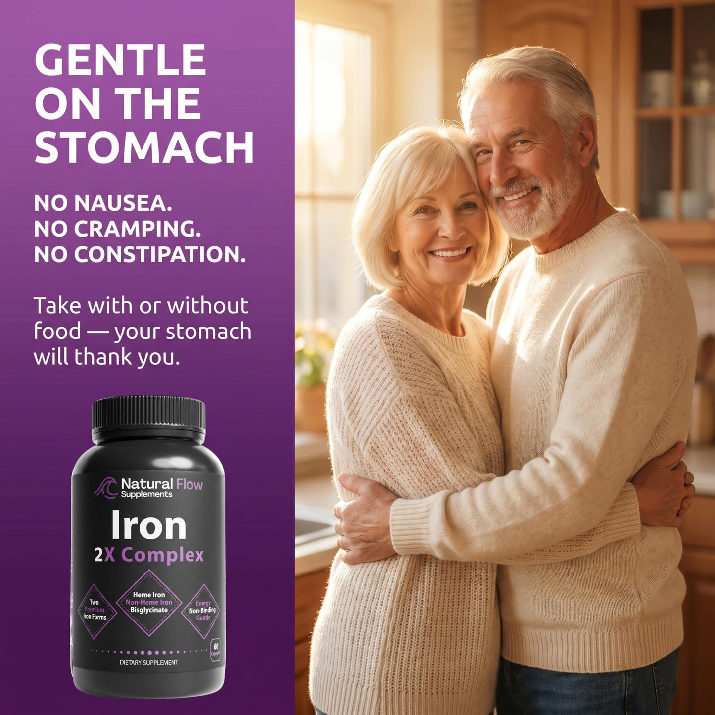 Natural Flow Supplements Iron Supplement 2-in-1 Complete Complex with Heme Iron and Chelated Non-Heme Iron Bisglycinate, Folate, B Vitamins & Vitamin C, Capsule, 120 Count