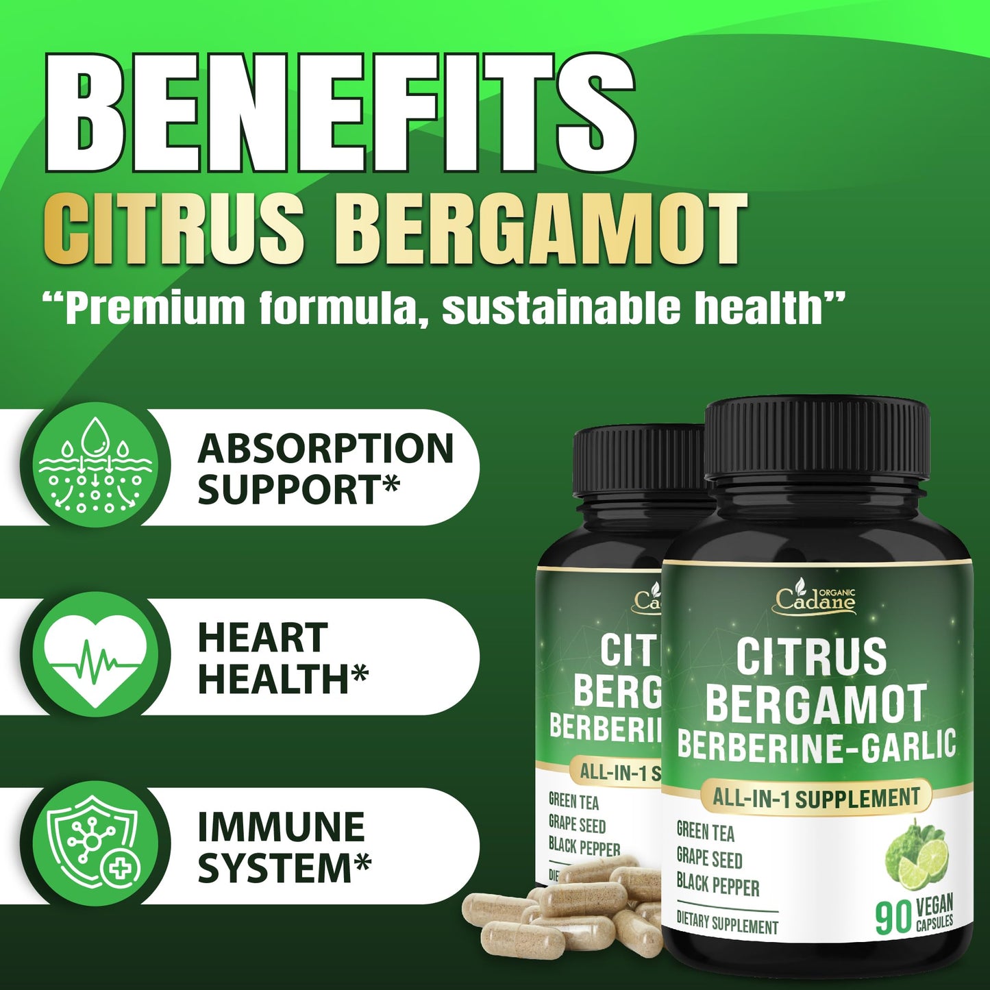 Organic Cadane Citrus Bergamot Supplement with Berberine, Garlic, Green Tea, Grape Seed & Black Pepper 90 Capsules