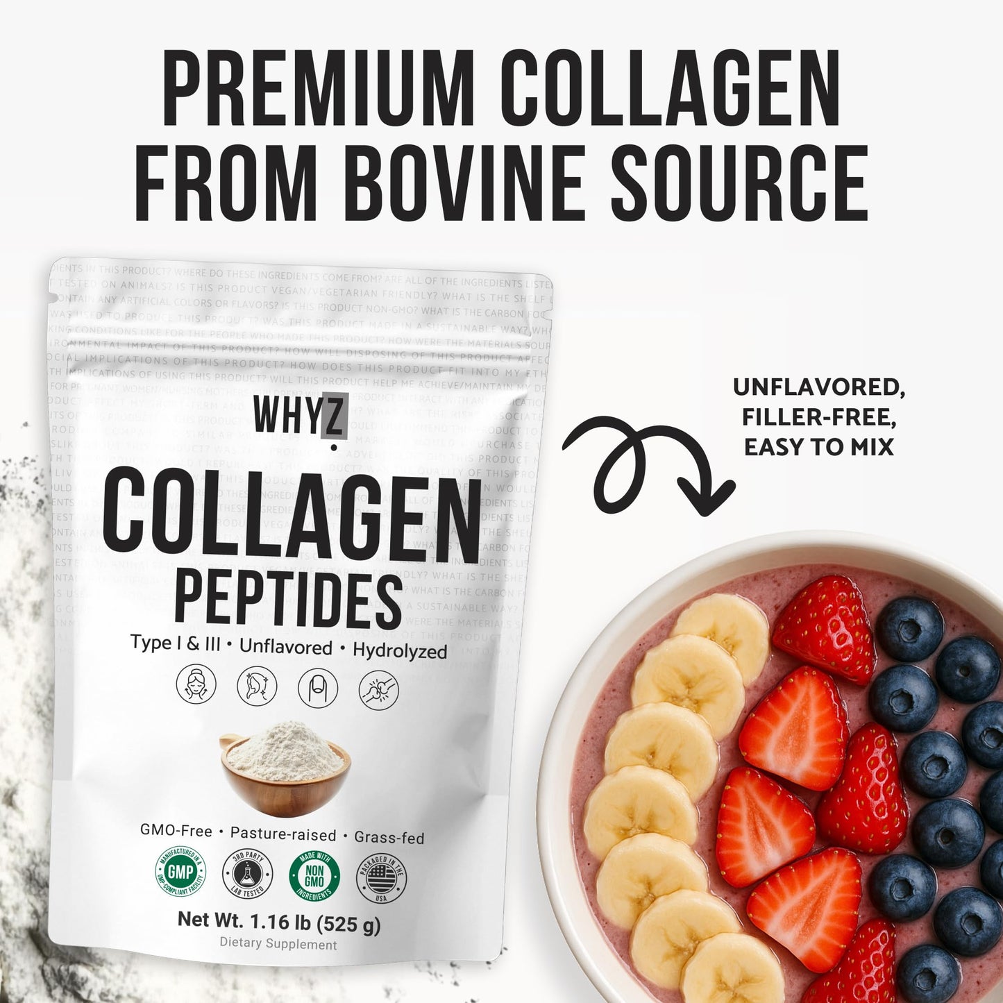 WHYZ Bovine Collagen Peptides Powder Hydrolyzed Type I & III, 19.2 oz
