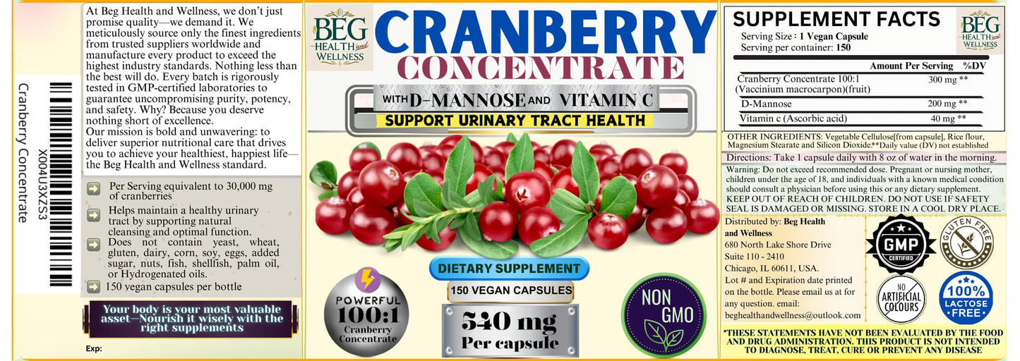 Generic Cranberry Supplement with D-Mannose & Vitamin C – Urinary Tract & Bladder Support, Vegan, Non-GMO, 150 Capsules
