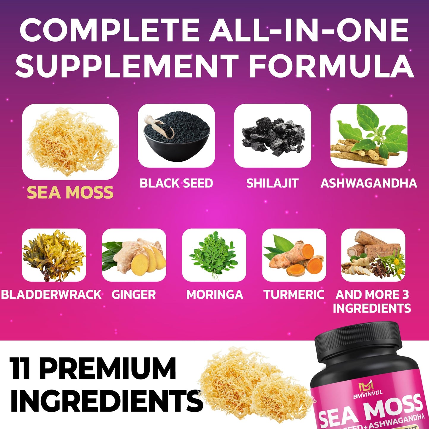 BMVINVOL Sea Moss Black Seed Shilajit Ashwagandha + Bladderwrack, Ginger, Moringa, Turmeric, Burdock, Ginseng, Rhodiola Rosea, 100 Capsules