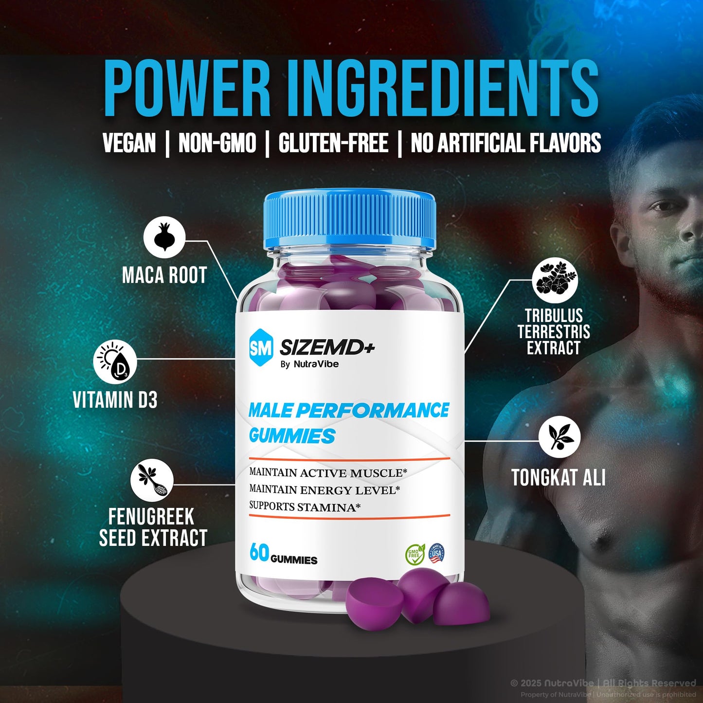 NutraVibe SizeMD+ Premium Male Gummies, 60 Gummies